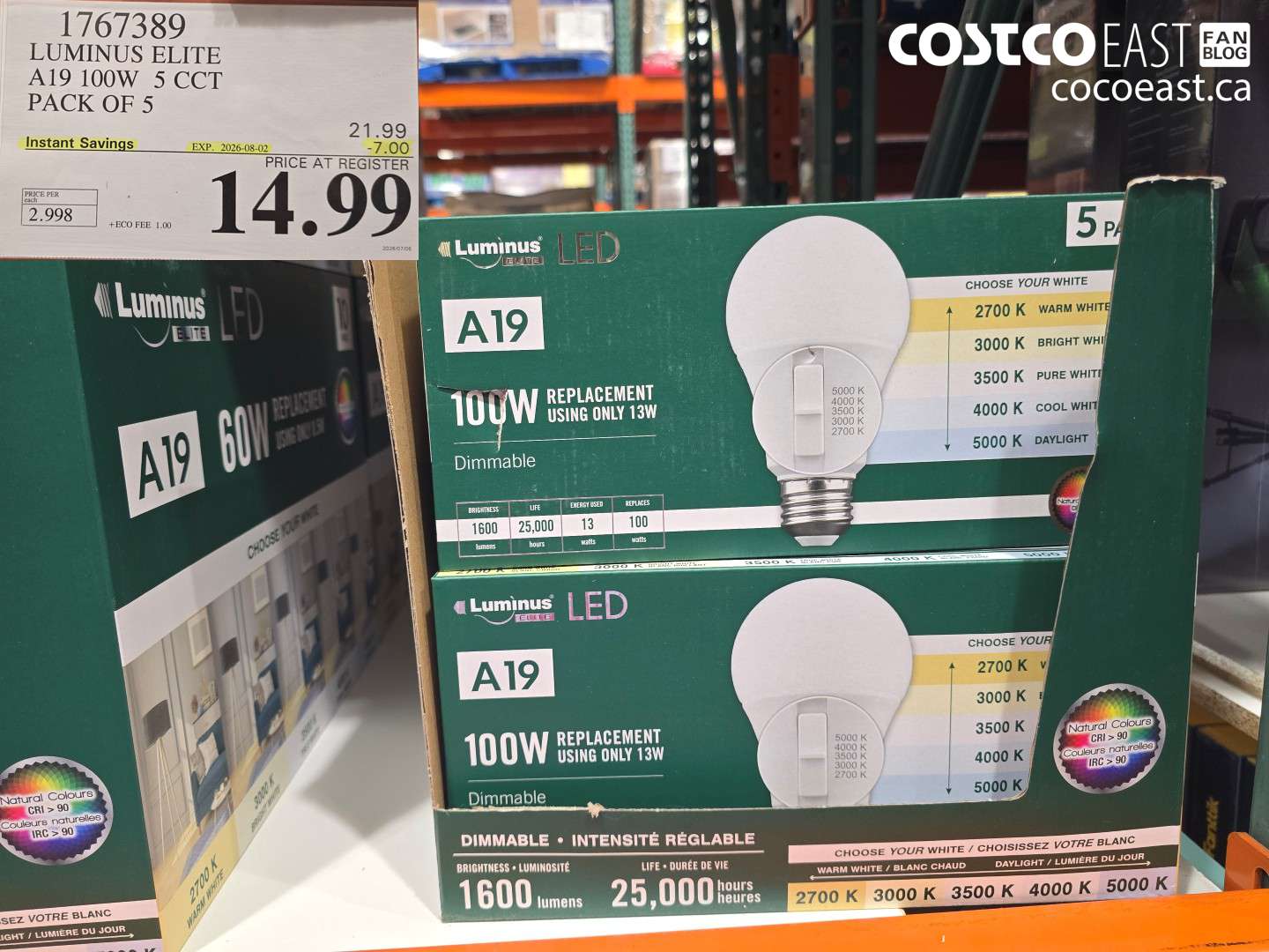 1767389 LUMINUS ELITE A19 100W 5 CCT PACK OF 5 ($7.00 INSTANT SAVINGS EXPIRES ON 2026-08-02) $14.99