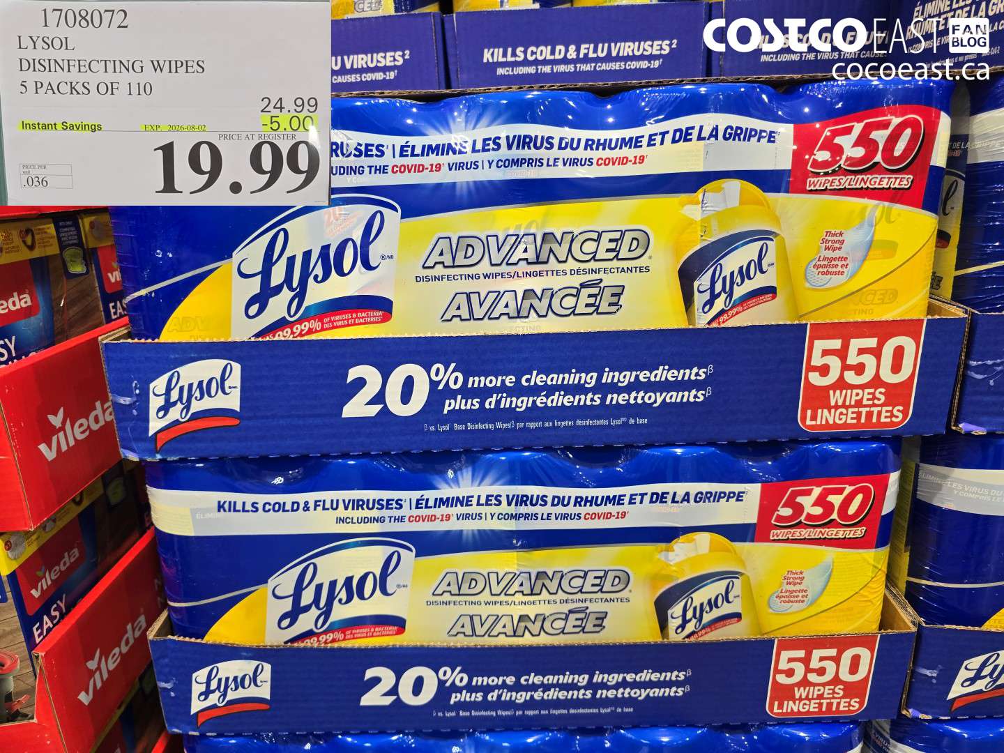 1708072 LYSOL DISINFECTING WIPES 5 PACKS OF 110 ($5.00 INSTANT SAVINGS EXPIRES ON 2026-08-02) $19.99