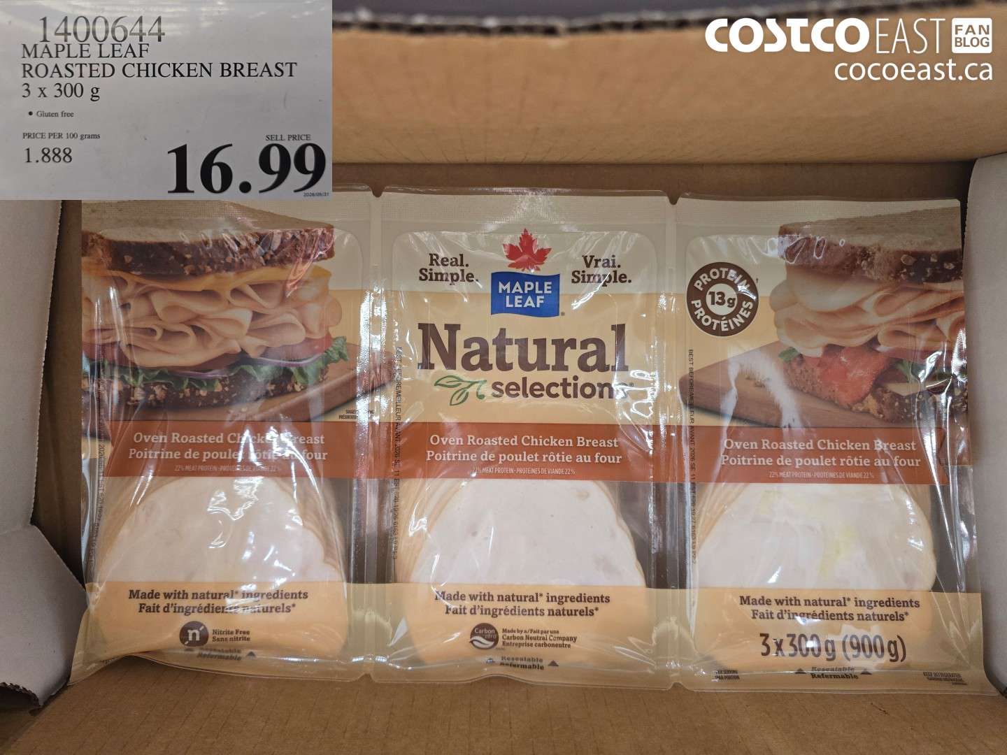 1400644 MAPLE LEAF ROASTED CHICKEN BREAST 3 X 300 G $16.99