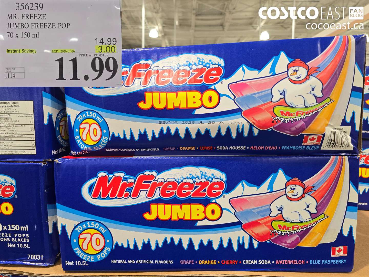 356239 MR. FREEZE JUMBO FREEZE POP 70 X 150 ML ($3.00 INSTANT SAVINGS EXPIRES ON 2026-07-26) $11.99