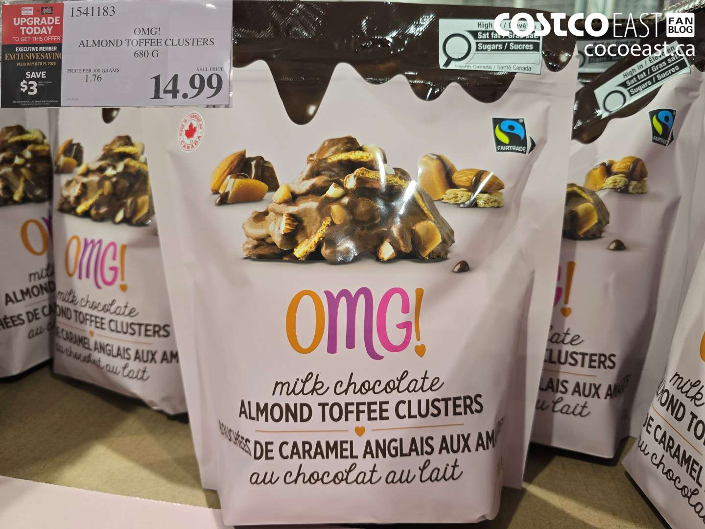 1541183 OMG! ALMOND TOFFEE CLUSTERS 680 G ($3.00 INSTANT SAVINGS EXPIRES ON 2026-07-19) $11.99