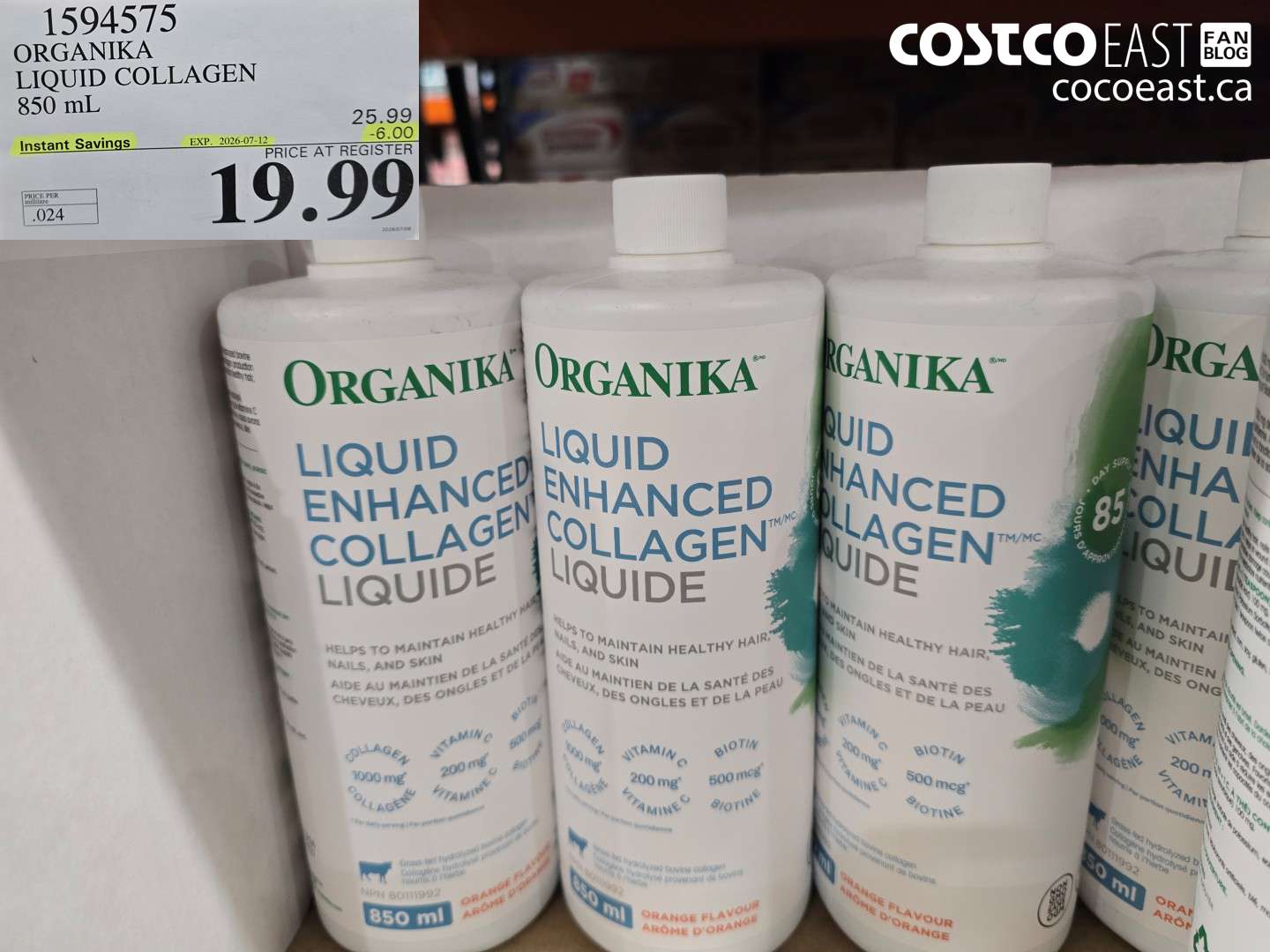 1594575 ORGANIKA LIQUID COLLAGEN 850 ML ($6.00 INSTANT SAVINGS EXPIRES ON 2026-07-12) $19.99