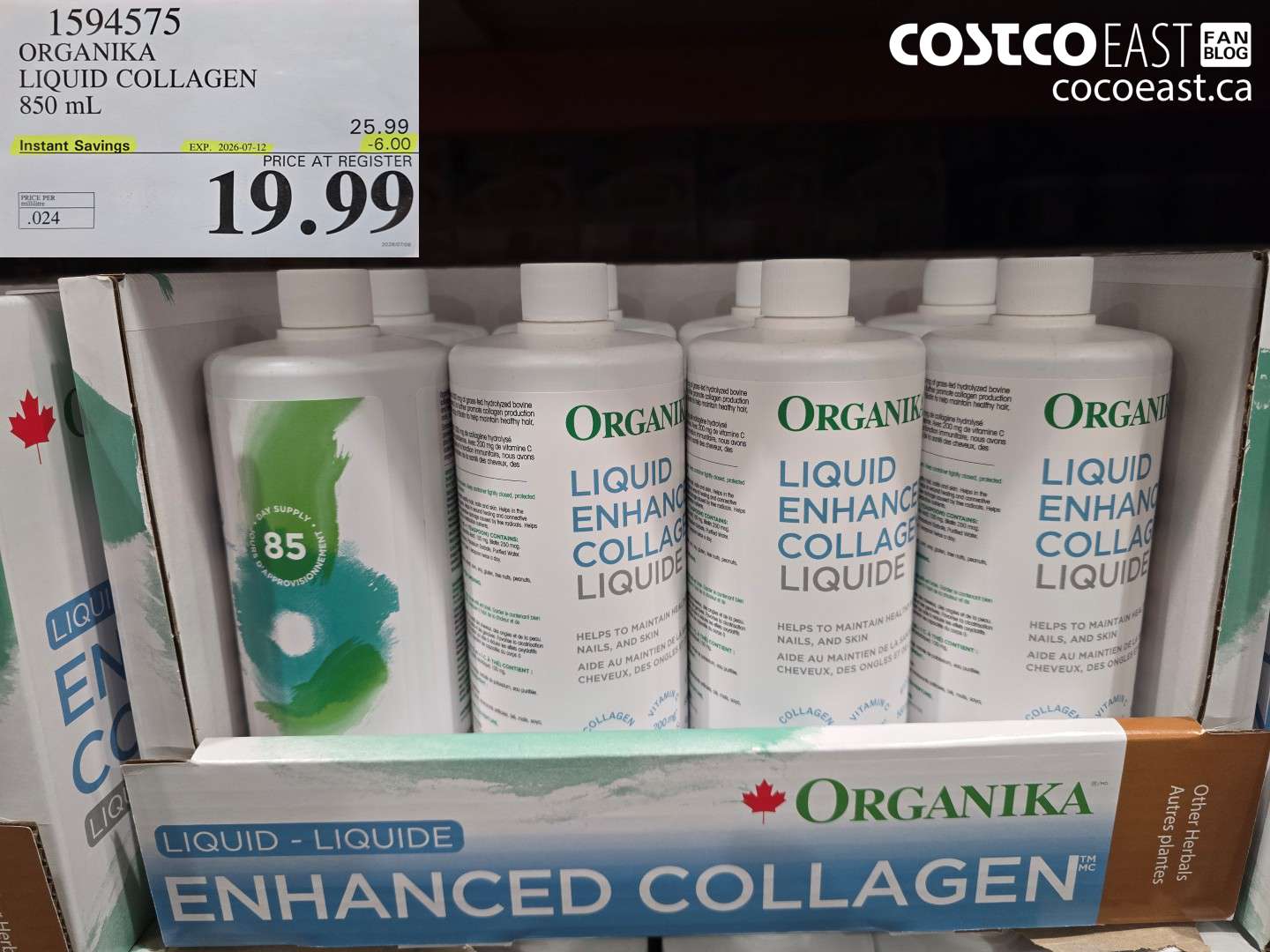 1594575 ORGANIKA LIQUID COLLAGEN 850 ML ($6.00 INSTANT SAVINGS EXPIRES ON 2026-07-12) $19.99