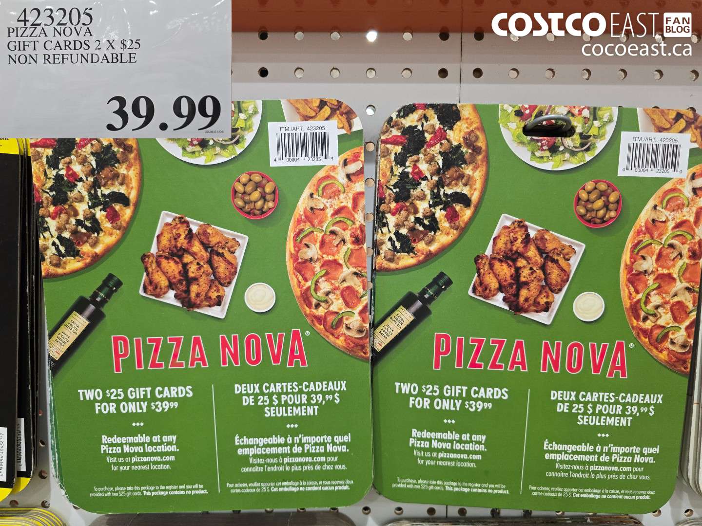 423205 PIZZA NOVA GIFT CARDS 2 X $25 NON REFUNDABLE $39.99