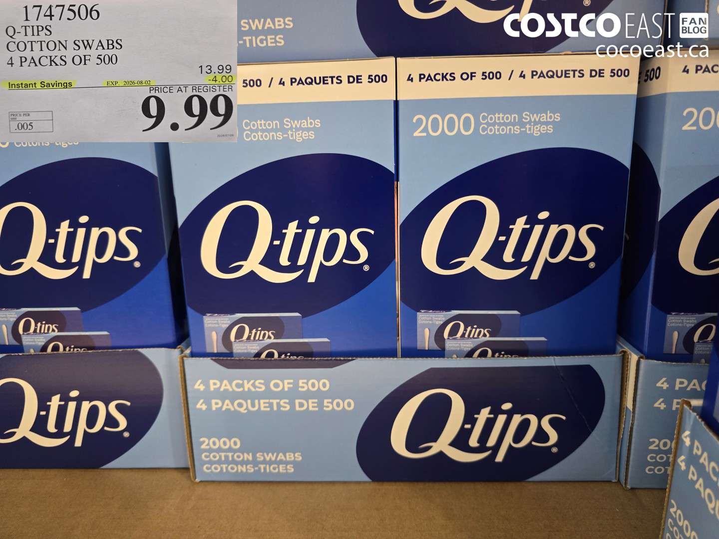 1747506 Q-TIPS COTTON SWABS 4 PACKS OF 500 ($4.00 INSTANT SAVINGS EXPIRES ON 2026-08-02) $9.99