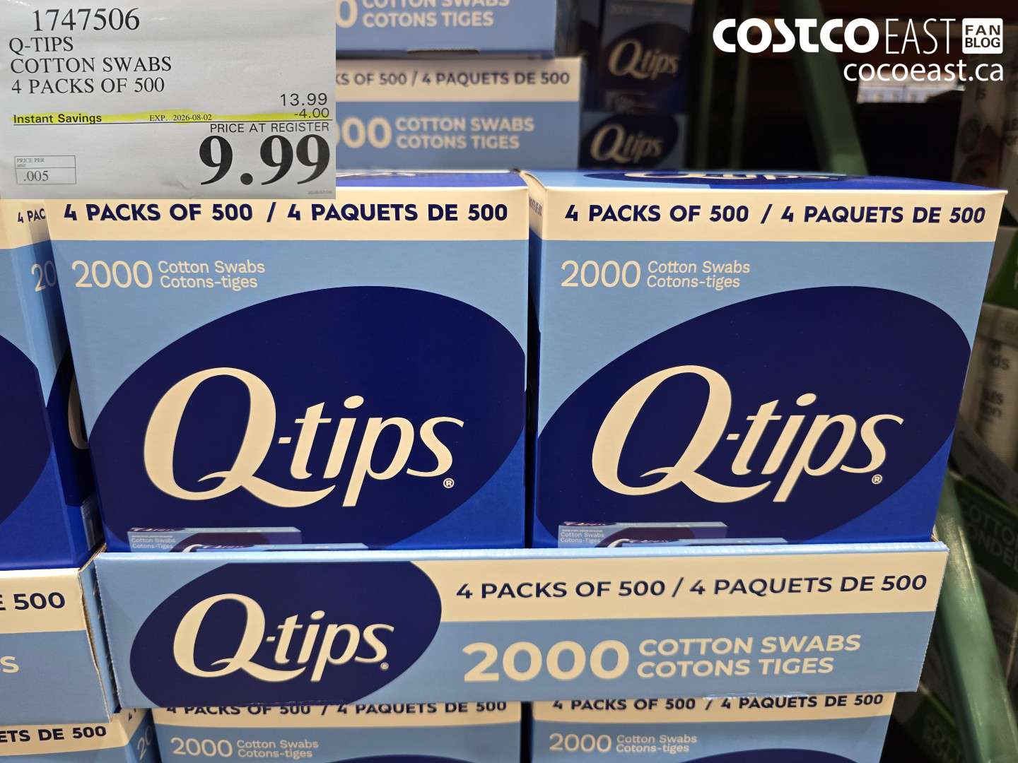 1747506 Q-TIPS COTTON SWABS 4 PACKS OF 500 ($4.00 INSTANT SAVINGS EXPIRES ON 2026-08-02) $9.99
