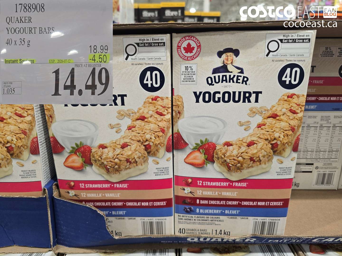 1788908 QUAKER YOGOURT BARS 40 X 35 G ($4.50 INSTANT SAVINGS EXPIRES ON 2026-07-12) $14.49
