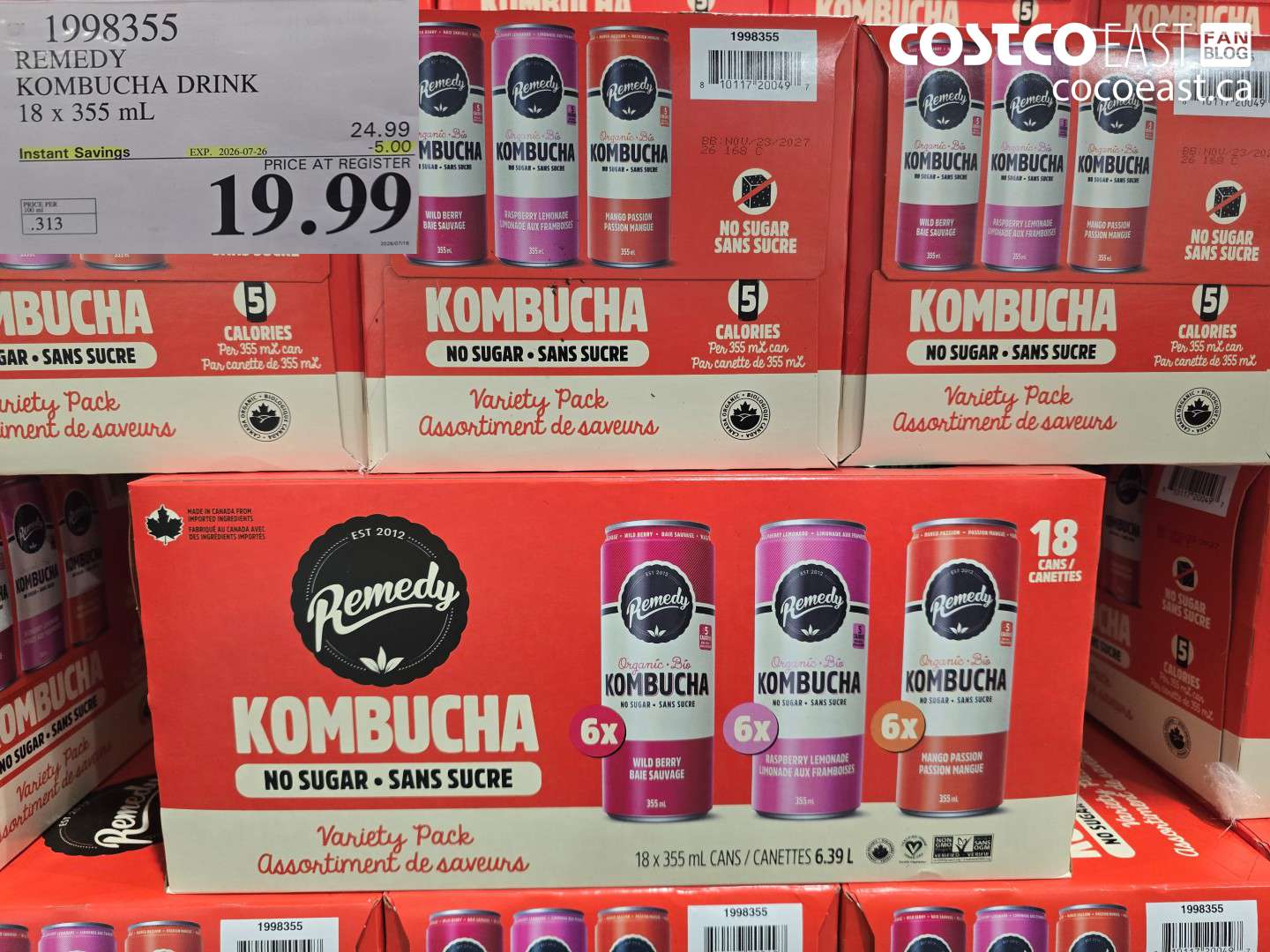 1998355 REMEDY KOMBUCHA DRINK 18 X 355 ML ($5.00 INSTANT SAVINGS EXPIRES ON 2026-07-26) $19.99