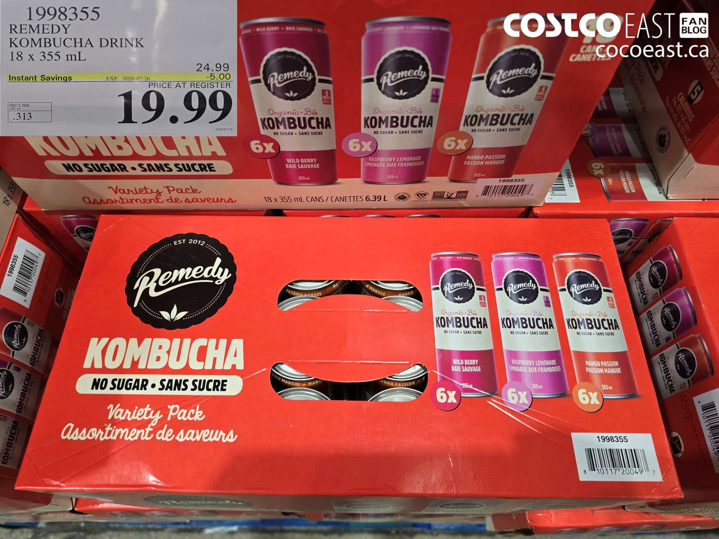 1998355 REMEDY KOMBUCHA DRINK 18 X 355 ML ($5.00 INSTANT SAVINGS EXPIRES ON 2026-07-26) $19.99