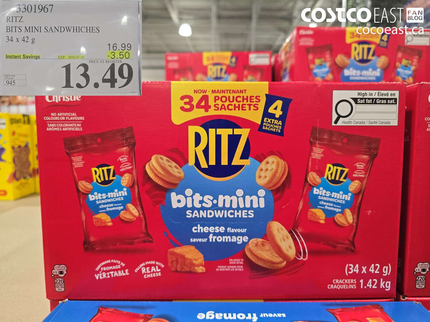 3301967 RITZ BITS MINI SANDWHICHES 34 X 42 G ($3.50 INSTANT SAVINGS EXPIRES ON 2026-07-19) $13.49