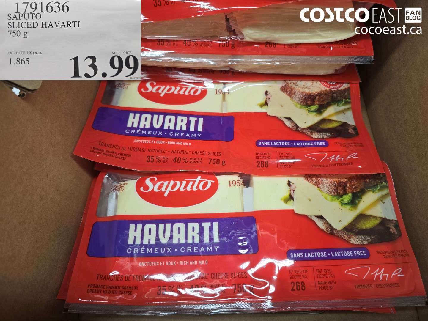 1791636 SAPUTO SLICED HAVARTI 750 G $13.99