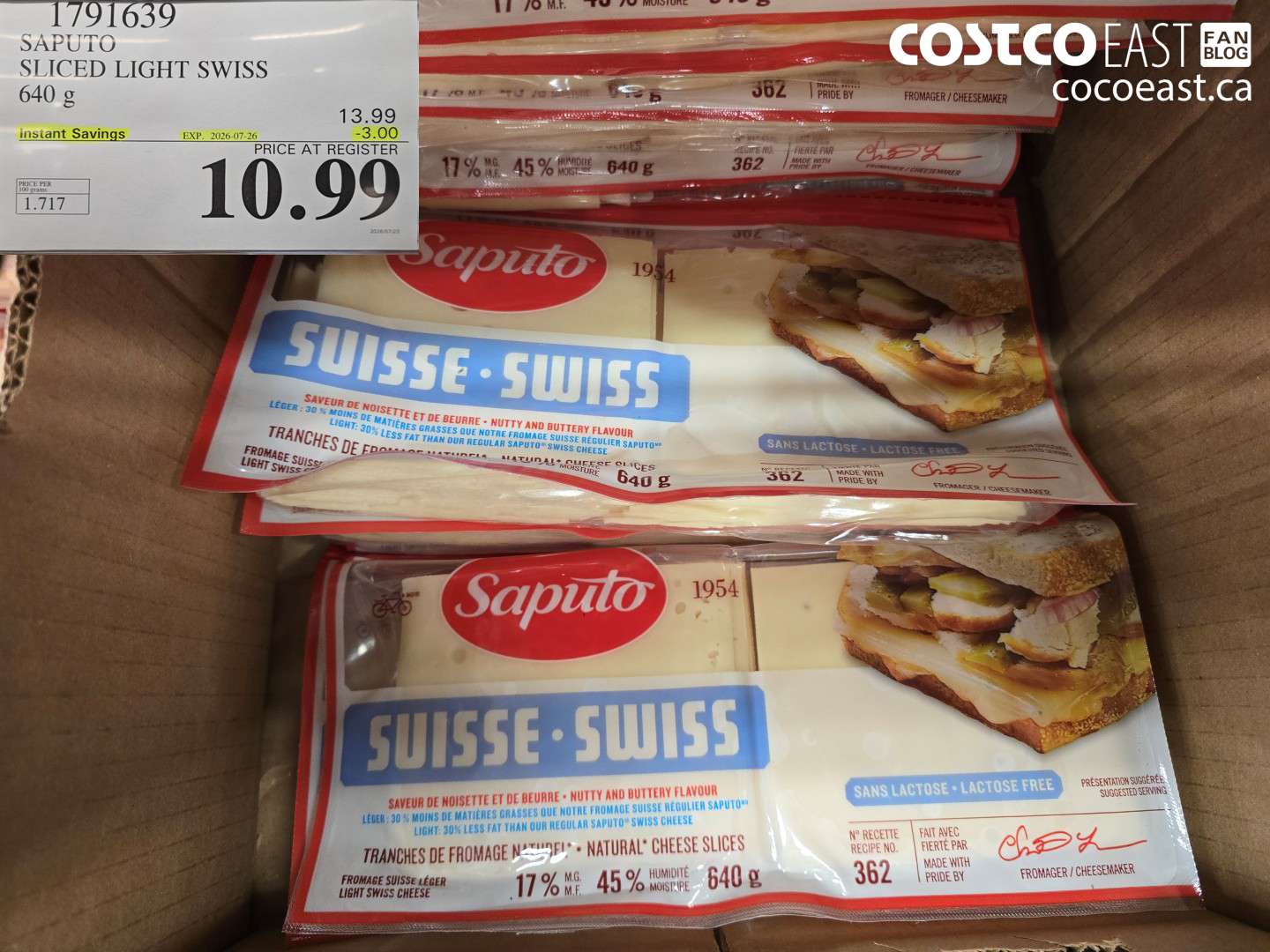 1791639 SAPUTO SLICED LIGHT SWISS 640 G ($3.00 INSTANT SAVINGS EXPIRES ON 2026-07-26) $10.99