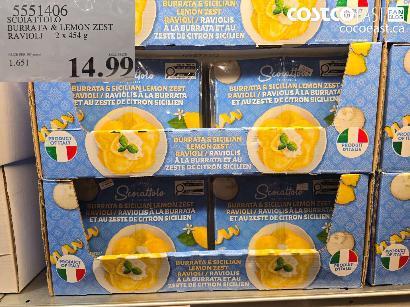 5551406 SCOIATTOLO BURRATA & LEMON ZEST RAVIOLI 2 X 454 G $14.99