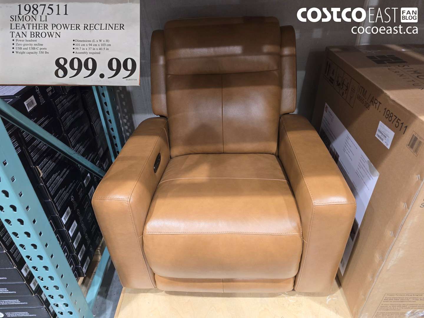 1987511 SIMON LI LEATHER POWER RECLINER TAN BROWN $899.99