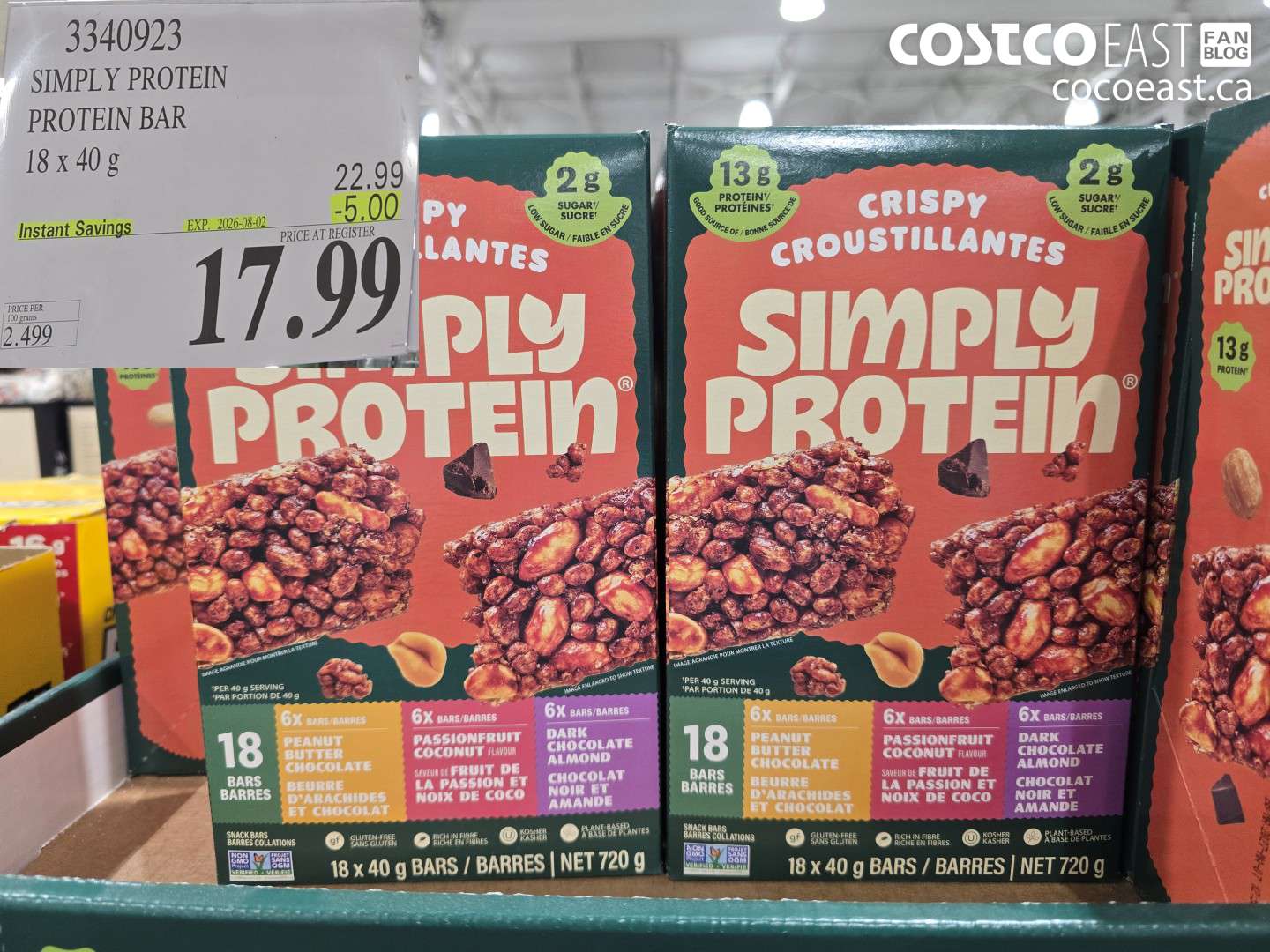 3340923 SIMPLY PROTEIN PROTEIN BAR 18 X 40 G ($5.00 INSTANT SAVINGS EXPIRES ON 2026-08-02) $17.99