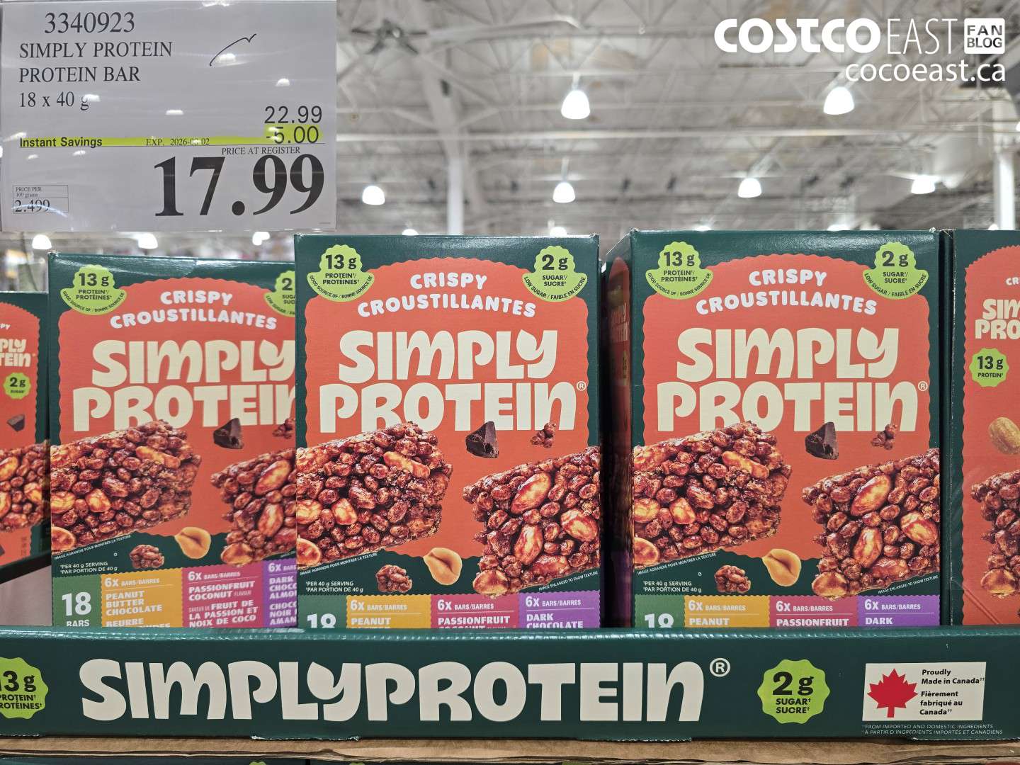 3340923 SIMPLY PROTEIN PROTEIN BAR 18 X 40 G ($5.00 INSTANT SAVINGS EXPIRES ON 2026-08-02) $17.99