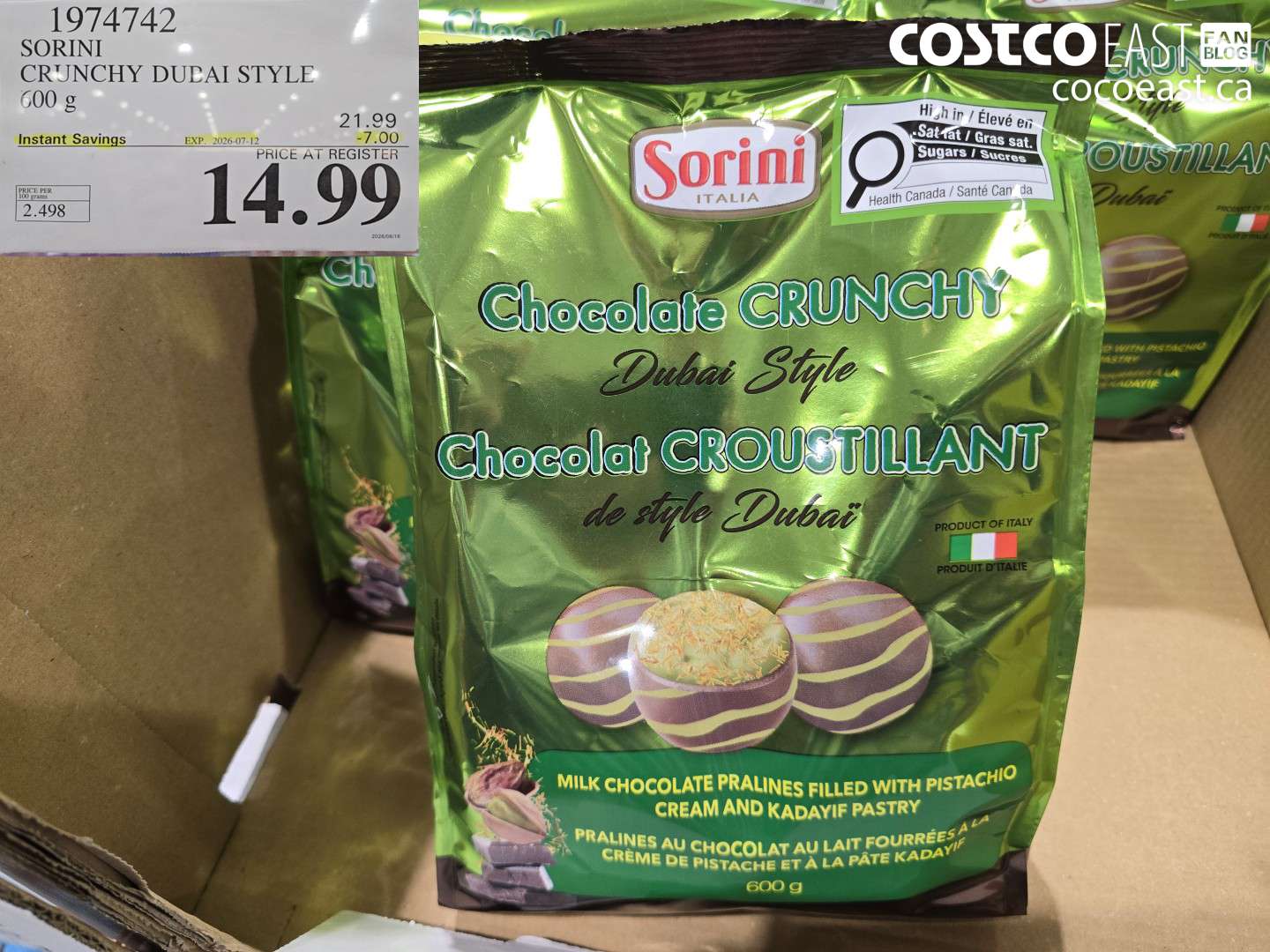 1974742 SORINI CRUNCHY DUBAI STYLE 600 G ($7.00 INSTANT SAVINGS EXPIRES ON 2026-07-12) $14.99