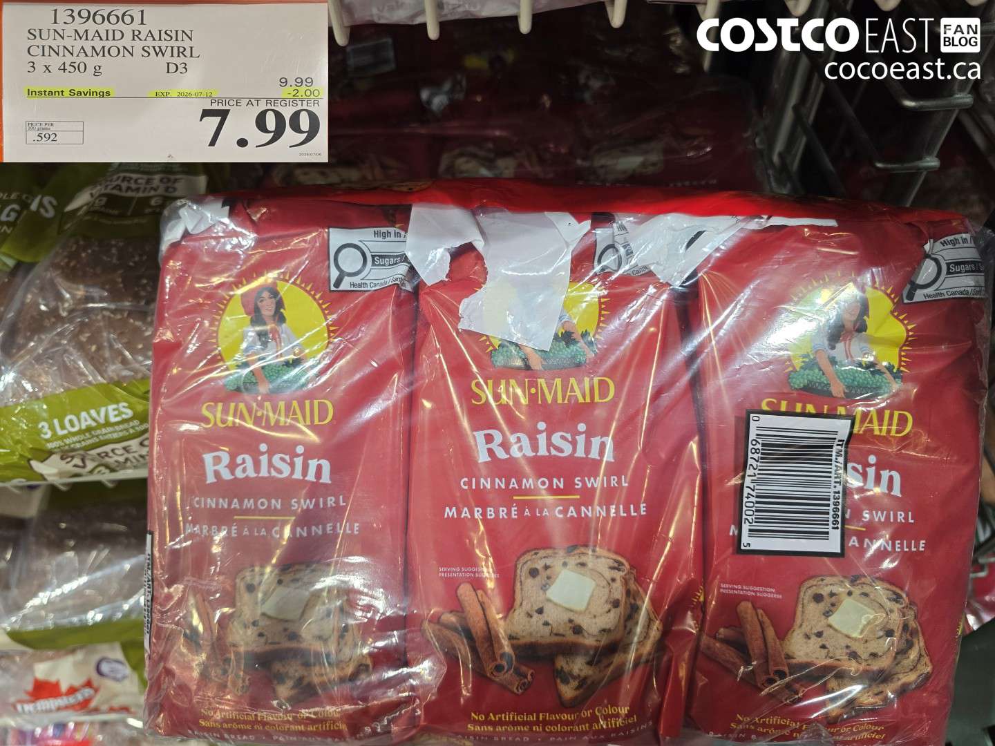 1396661 SUN-MAID RAISIN CINNAMON SWIRL 3 X 450 G ($2.00 INSTANT SAVINGS EXPIRES ON 2026-07-12) $7.99