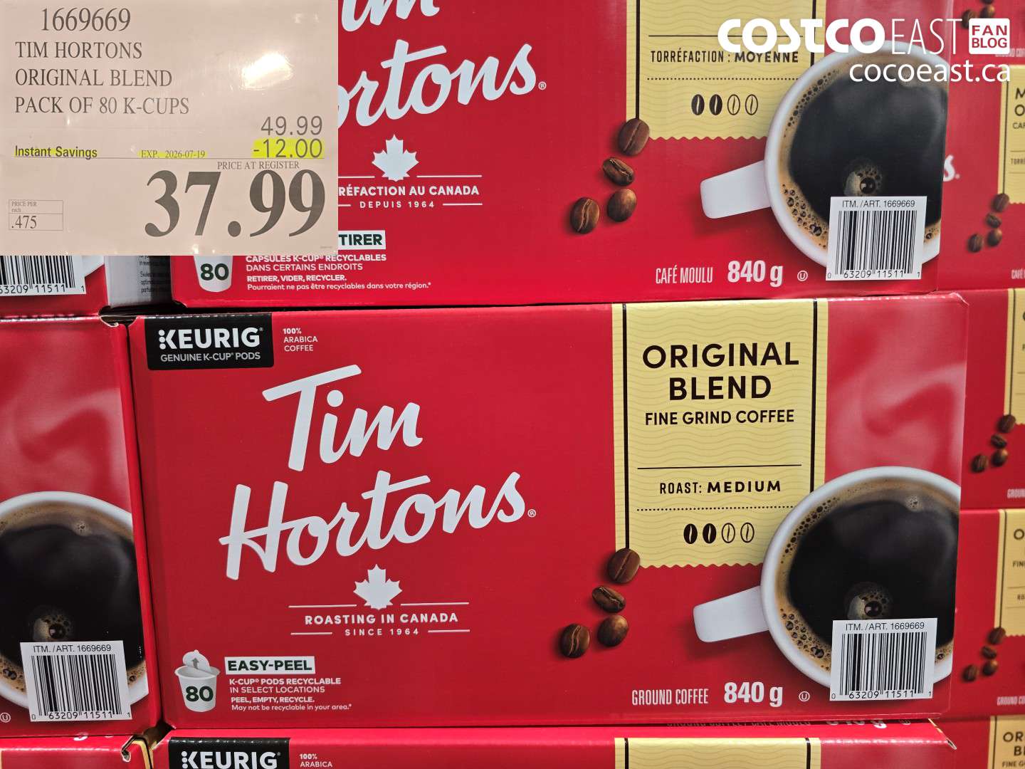 1669669 TIM HORTONS ORIGINAL BLEND PACK OF 80 K-CUPS ($12.00 INSTANT SAVINGS EXPIRES ON 2026-07-19) $37.99
