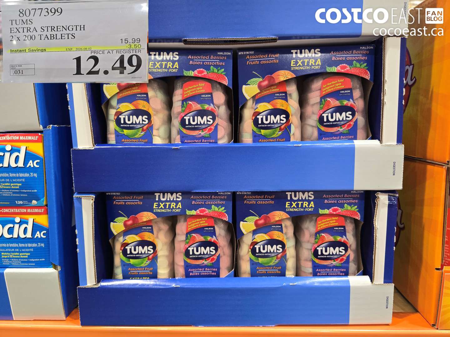 8077399 TUMS EXTRA STRENGTH 2 X 200 TABLETS ($3.50 INSTANT SAVINGS EXPIRES ON 2026-08-02) $12.49