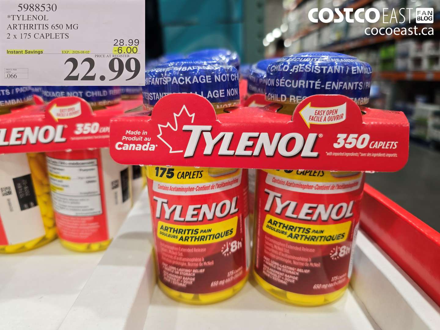5988530 TYLENOL ARTHRITIS 650 MG 2 X 175 CAPLETS ($6.00 INSTANT SAVINGS EXPIRES ON 2026-08-02) $22.99