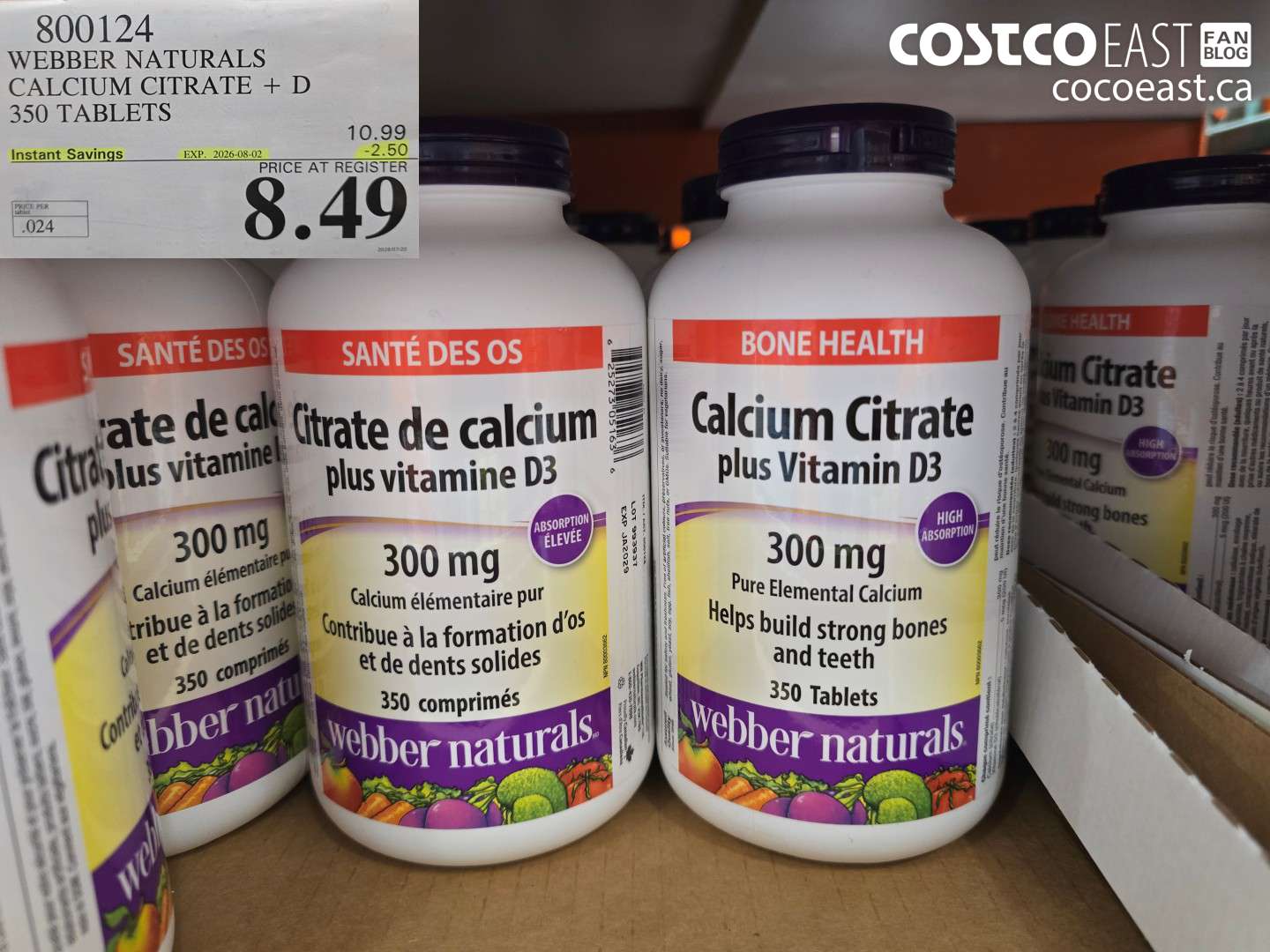 800124 WEBBER NATURALS CALCIUM CITRATE + D 350 TABLETS ($2.50 INSTANT SAVINGS EXPIRES ON 2026-08-02) $8.49