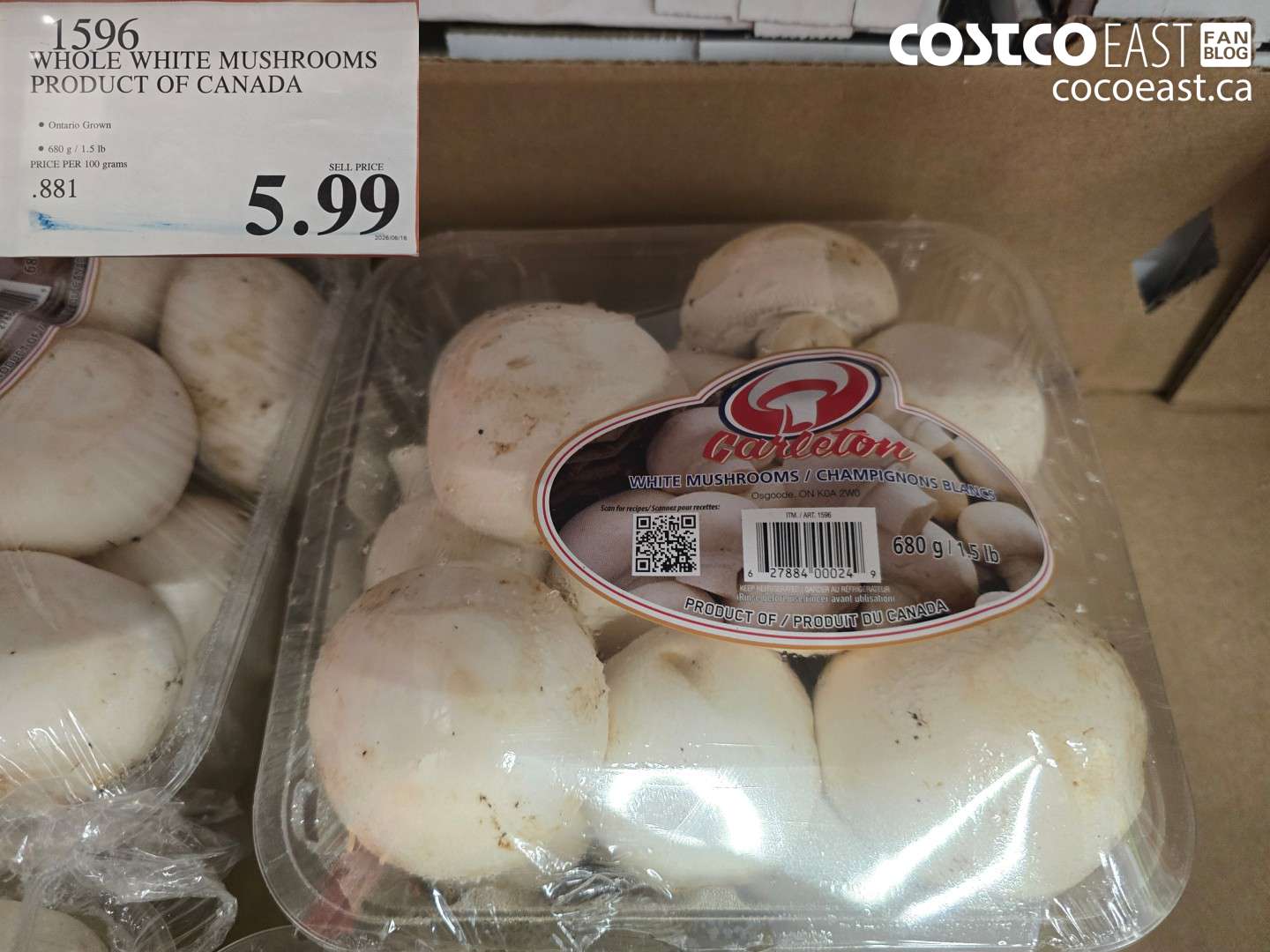 1596 WHOLE WHITE MUSHROOMS PRODUCT OF CANADA 680 G / 1.5 LB $5.99