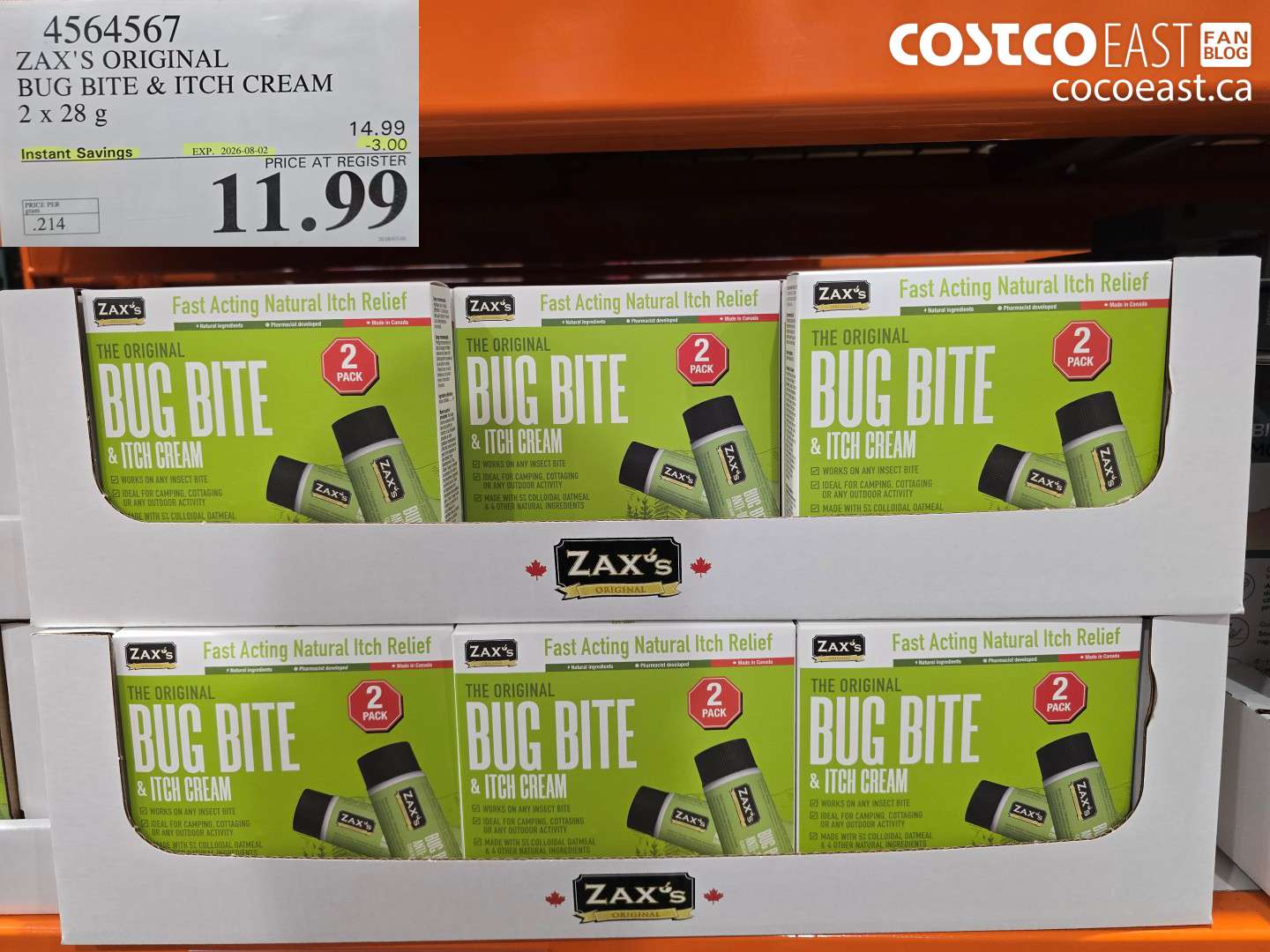 4564567 ZAX'S ORIGINAL BUG BITE & ITCH CREAM 2 X 28 G ($3.00 INSTANT SAVINGS EXPIRES ON 2026-08-02) $11.99