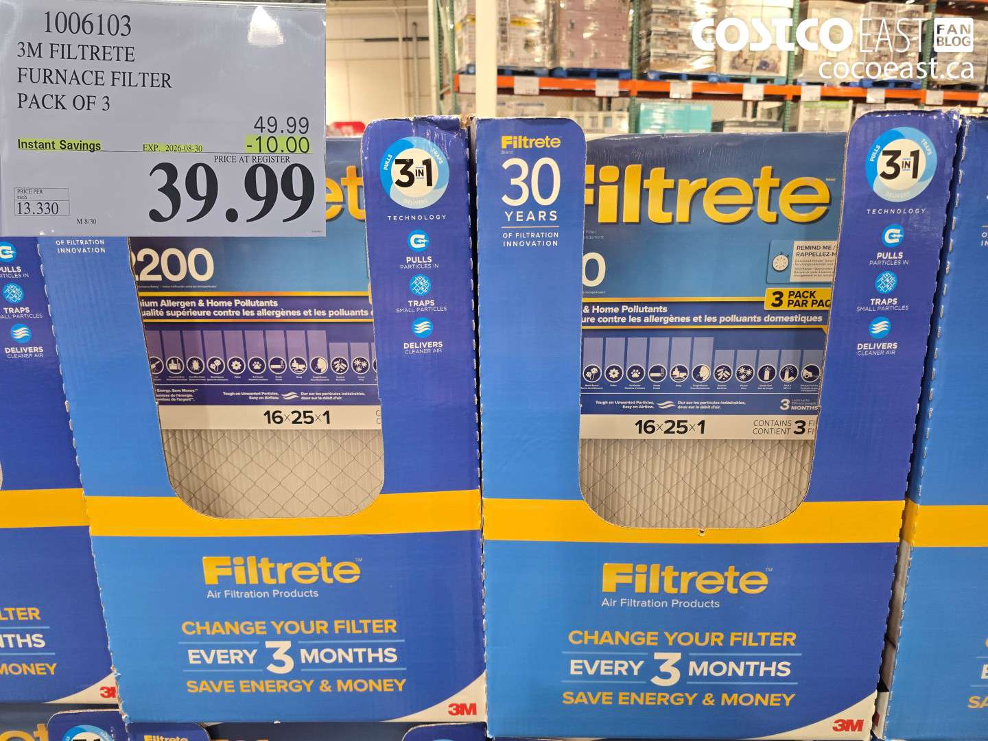 1006103 3M FILTRETE FURNACE FILTER PACK OF 3 ($10.00 INSTANT SAVINGS EXPIRES ON 2026-08-30) $39.99