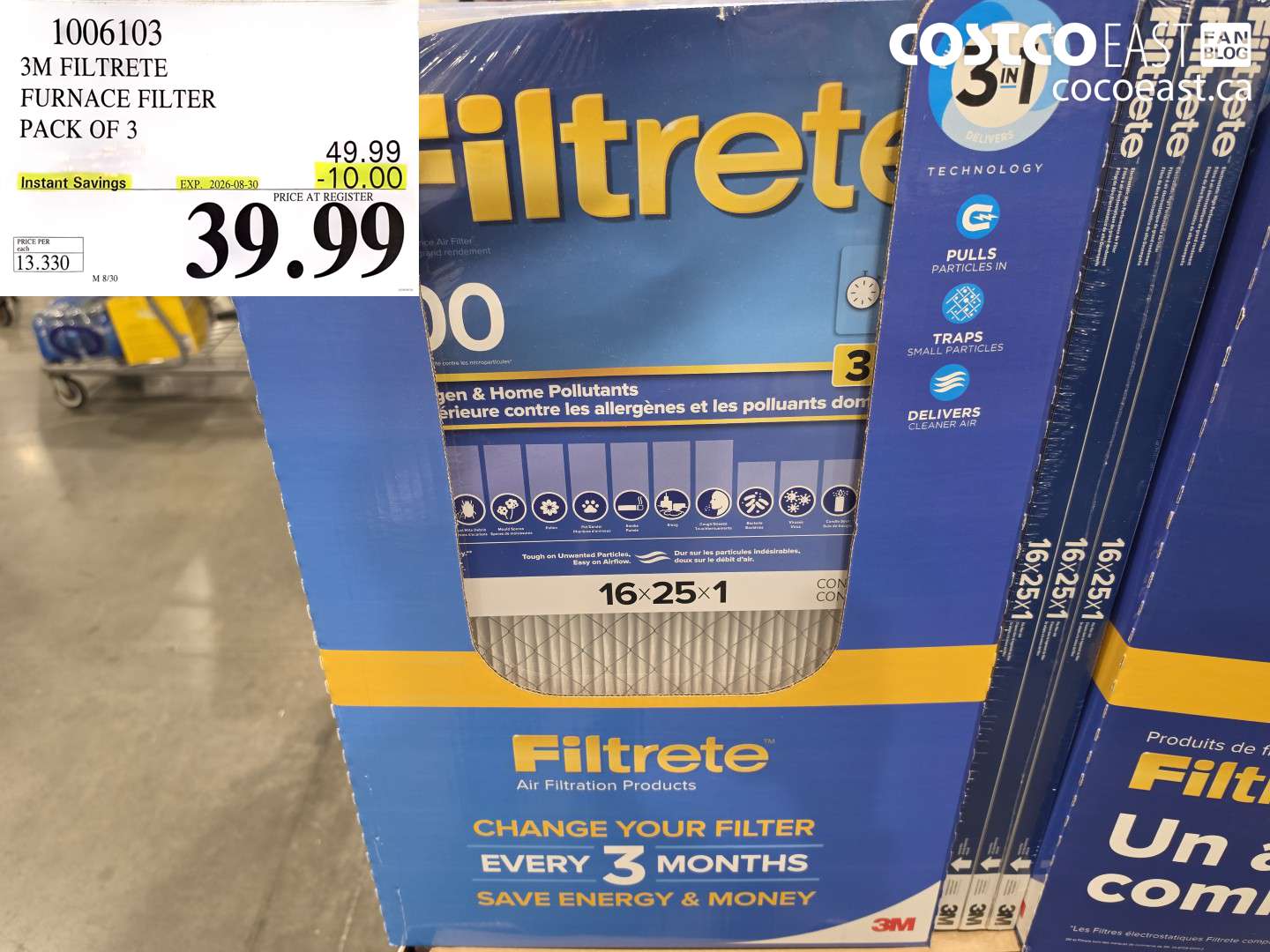 1006103 3M FILTRETE FURNACE FILTER PACK OF 3 ($10.00 INSTANT SAVINGS EXPIRES ON 2026-08-30) $39.99