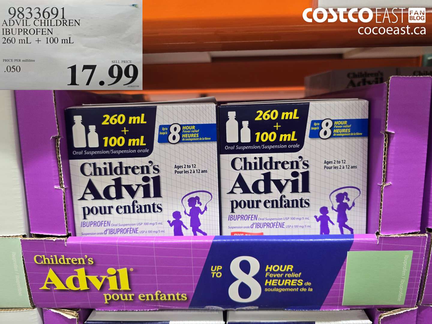 9833691 ADVIL CHILDREN IBUPROFEN 260 ML + 100 ML $17.99
