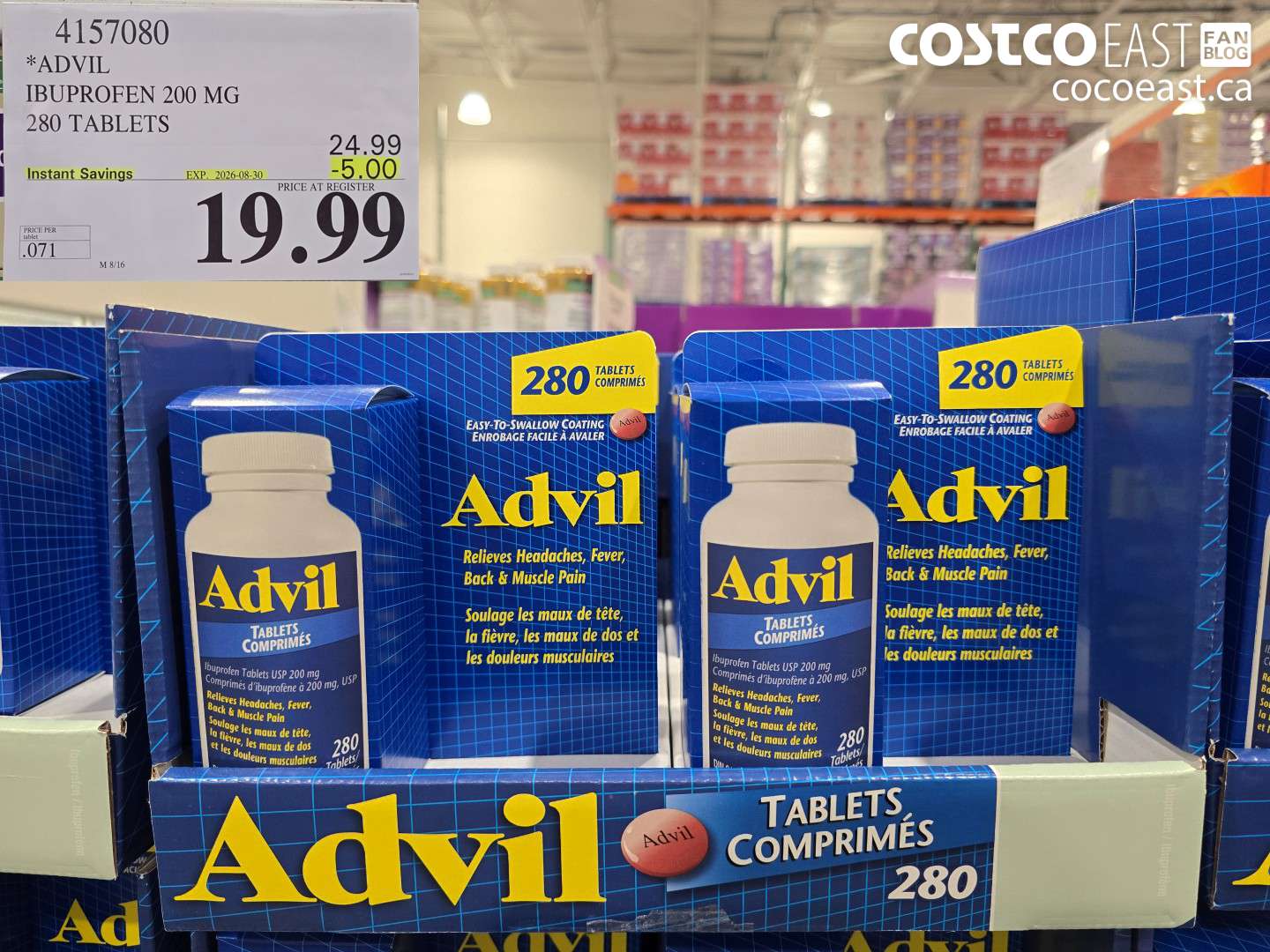 4157080 ADVIL IBUPROFEN 200 MG 280 TABLETS ($5.00 INSTANT SAVINGS EXPIRES ON 2026-08-30) $19.99