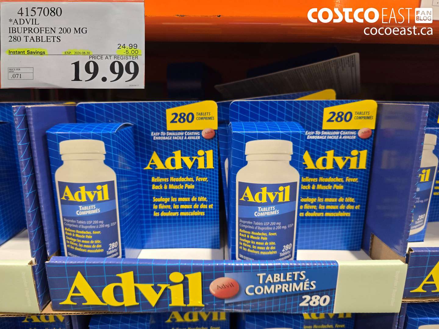 4157080 ADVIL IBUPROFEN 200 MG 280 TABLETS ($5.00 INSTANT SAVINGS EXPIRES ON 2026-08-30) $19.99