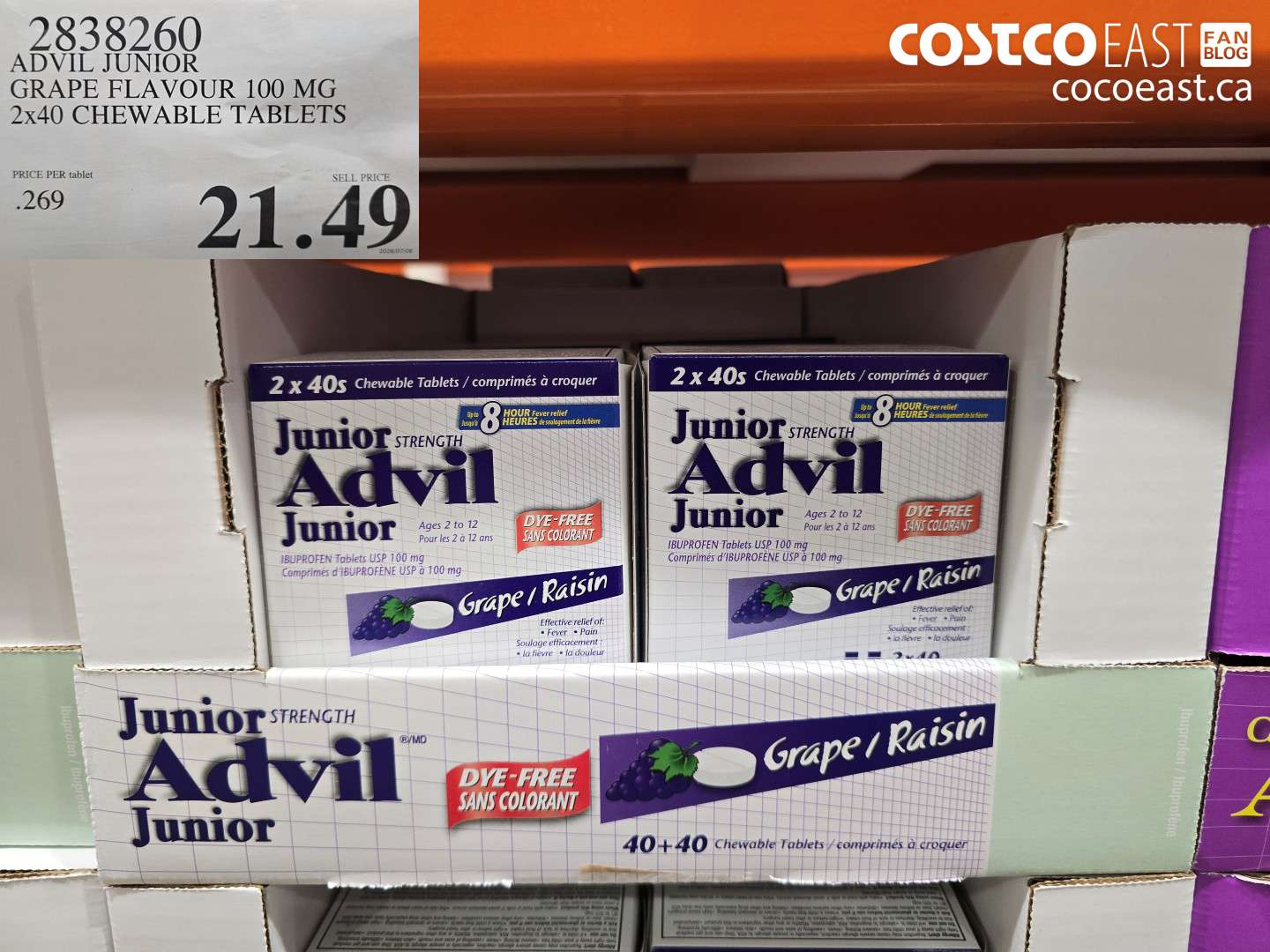 2838260 ADVIL JUNIOR GRAPE FLAVOUR 100 MG 2X40 CHEWABLE TABLETS $21.49