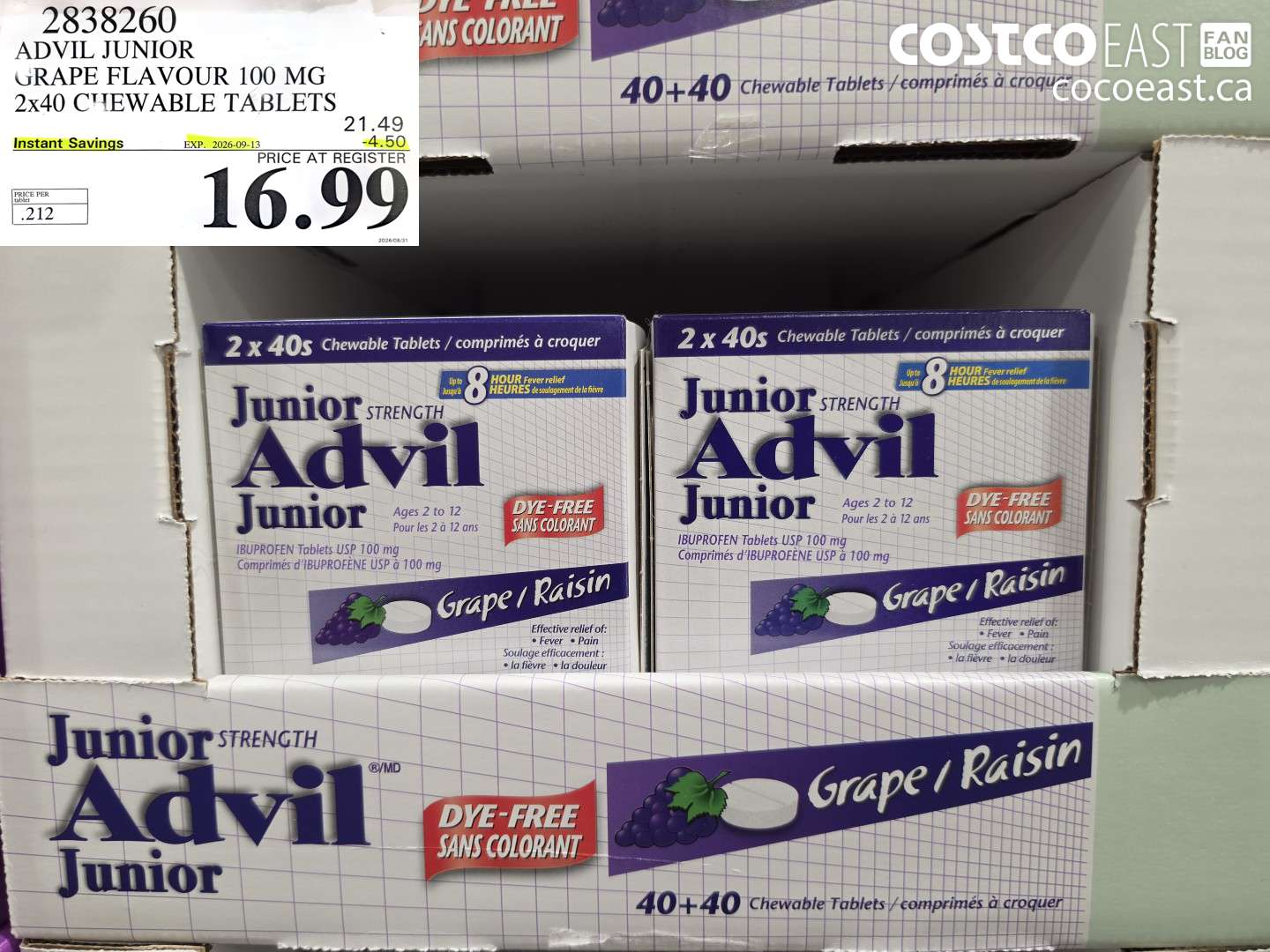 2838260 ADVIL JUNIOR GRAPE FLAVOUR 100 MG 2X40 CHEWABLE TABLETS ($4.50 INSTANT SAVINGS EXPIRES ON 2026-09-13) $16.99