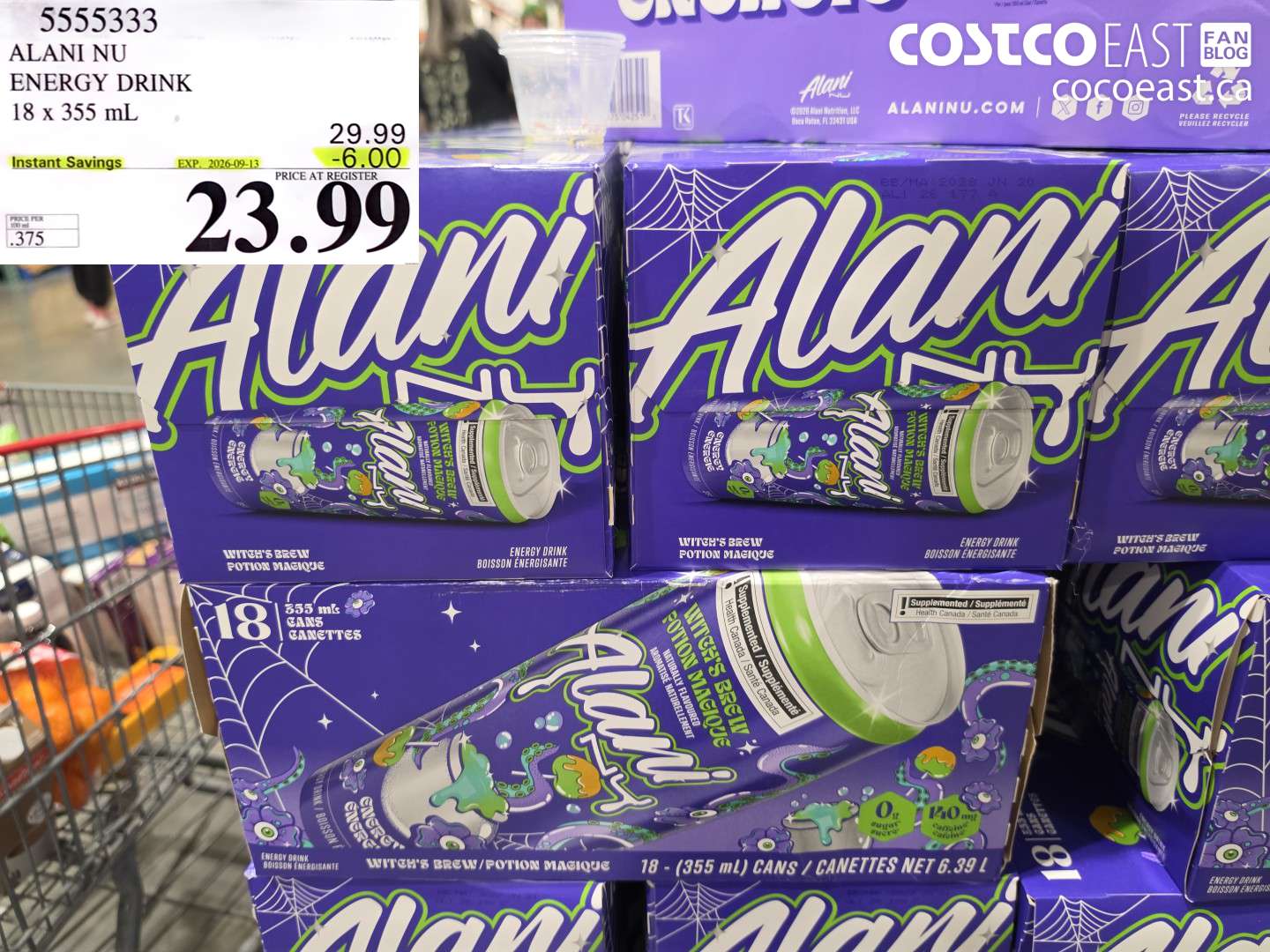 5555333 ALANI NU ENERGY DRINK 18 X 355 ML ($6.00 INSTANT SAVINGS EXPIRES ON 2026-09-13) $23.99