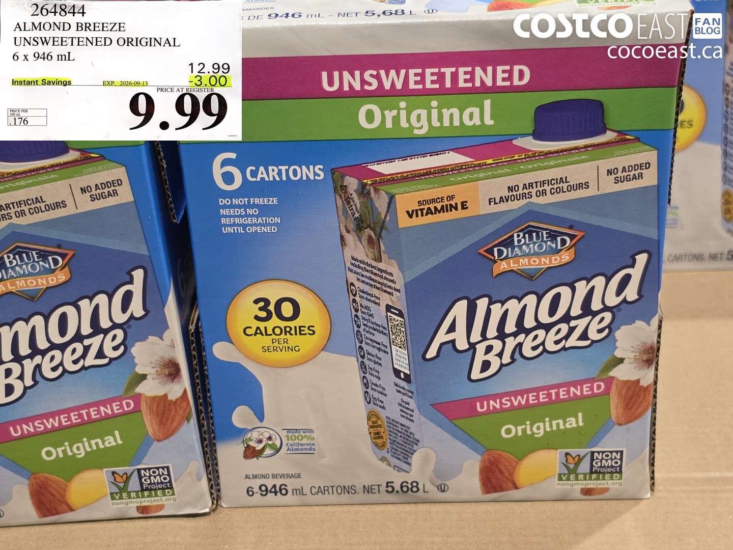 264844 ALMOND BREEZE UNSWEETENED ORIGINAL 6 X 946 ML ($3.00 INSTANT SAVINGS EXPIRES ON 2026-09-13) $9.99