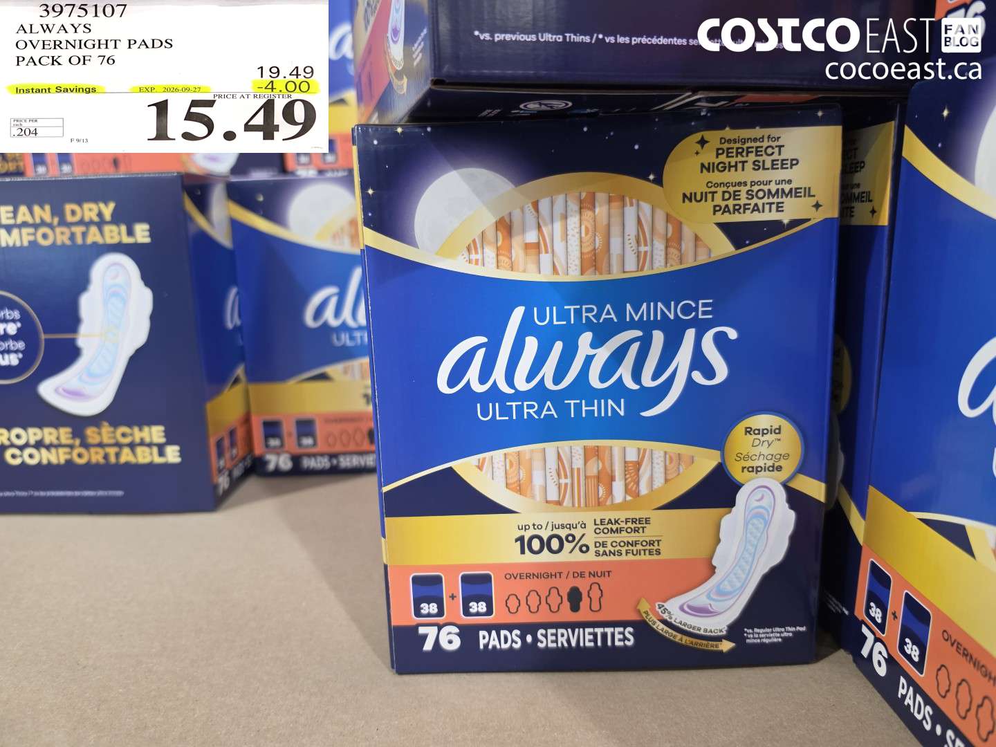 3975107 ALWAYS OVERNIGHT PADS PACK OF 76 ($4.00 INSTANT SAVINGS EXPIRES ON 2026-09-27) $15.49