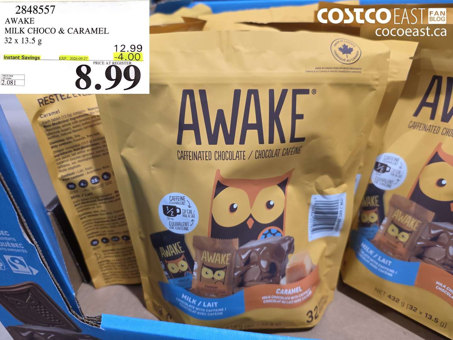 2848557 AWAKE MILK CHOCO & CARAMEL 32 X 13.5 G ($4.00 INSTANT SAVINGS EXPIRES ON 2026-09-27) $8.99