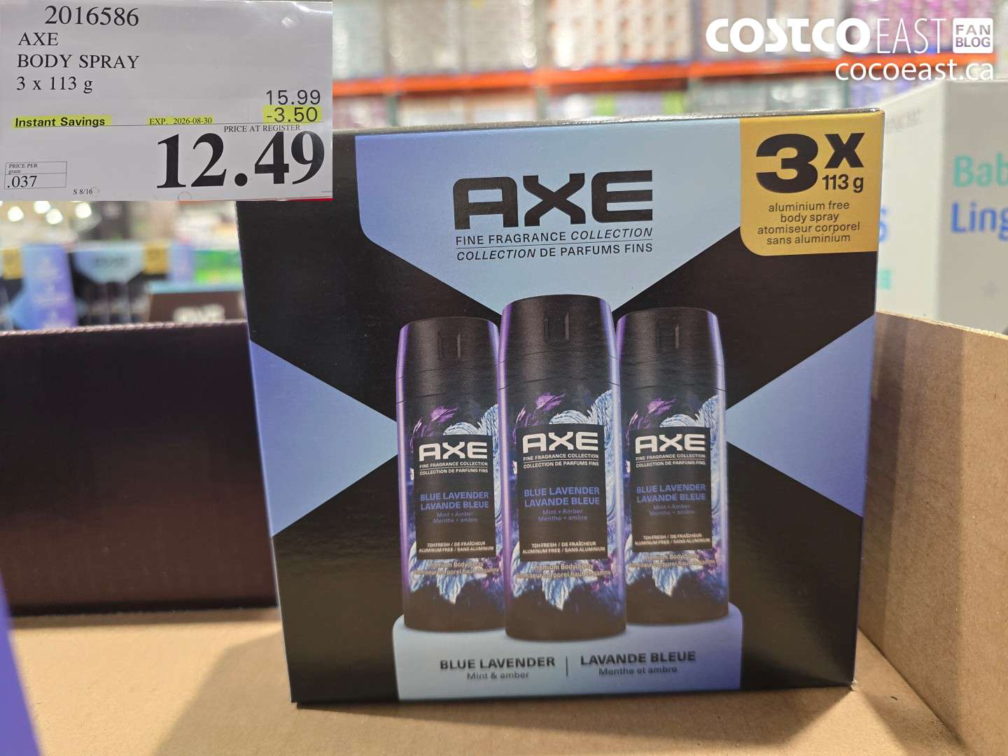 2016586 AXE BODY SPRAY 3 X 113 G ($3.50 INSTANT SAVINGS EXPIRES ON 2026-08-30) $12.49