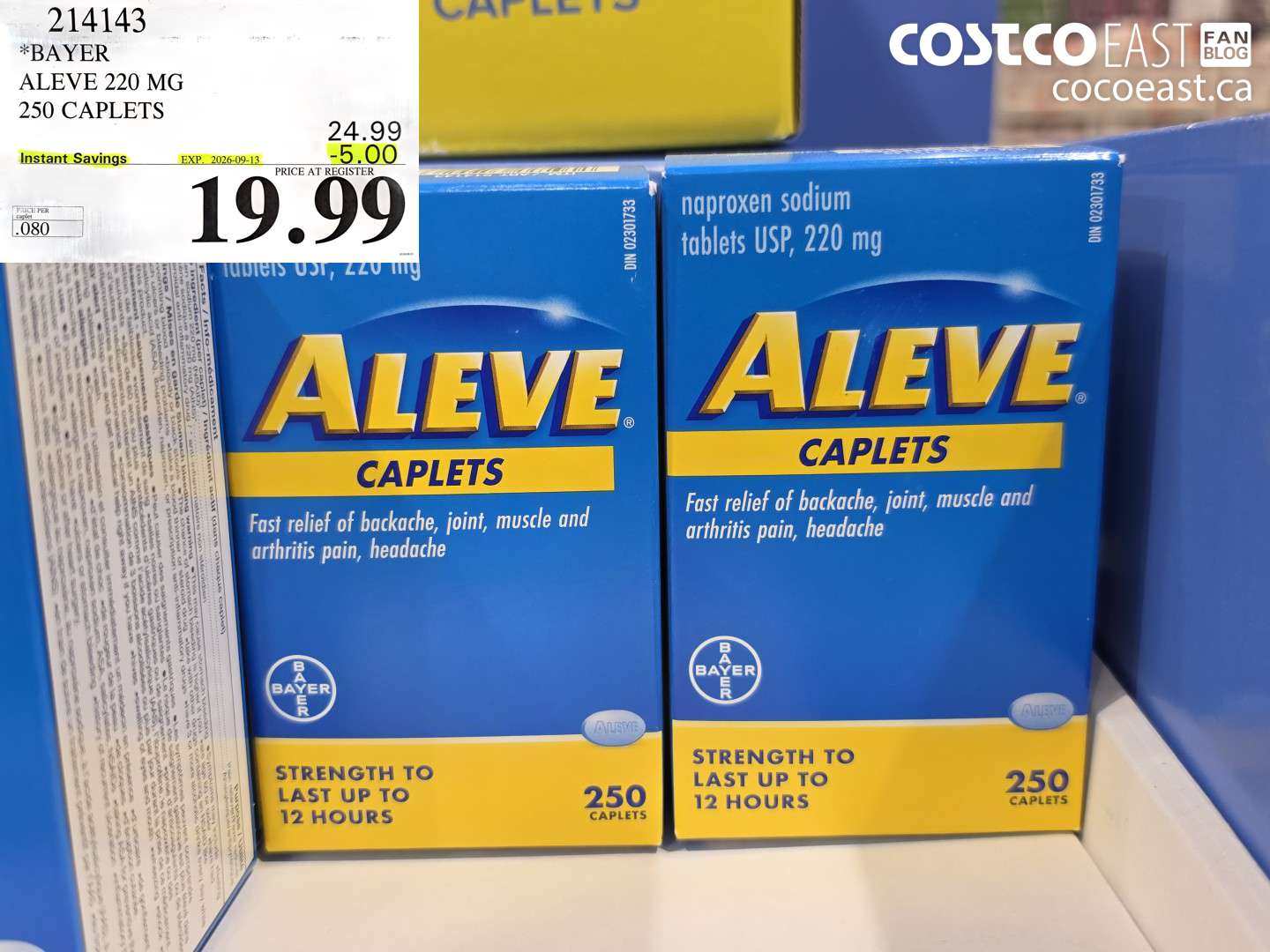 214143 BAYER ALEVE 220 MG 250 CAPLETS ($5.00 INSTANT SAVINGS EXPIRES ON 2026-09-13) $19.99