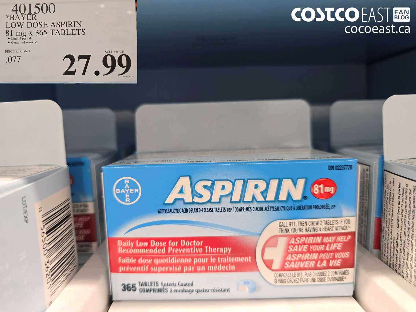 401500 BAYER LOW DOSE ASPIRIN 81 MG X 365 TABLETS $27.99