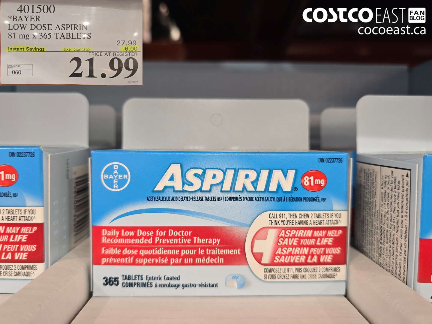 401500 BAYER LOW DOSE ASPIRIN 81 MG X 365 TABLETS ($6.00 INSTANT SAVINGS EXPIRES ON 2026-08-30) $21.99