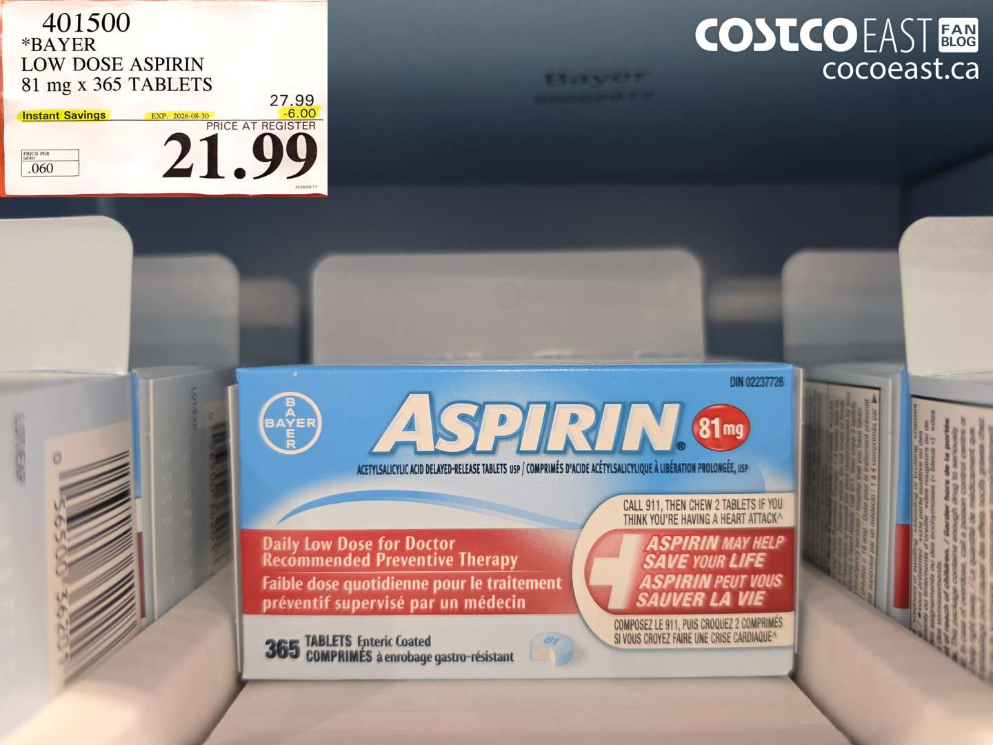 401500 BAYER LOW DOSE ASPIRIN 81 MG X 365 TABLETS ($6.00 INSTANT SAVINGS EXPIRES ON 2026-08-30) $21.99