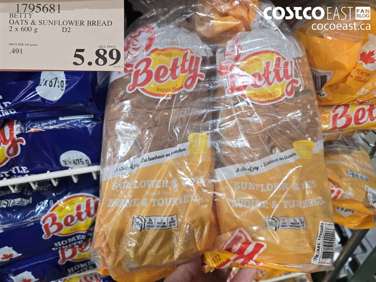 1795681 BETTY OATS & SUNFLOWER BREAD 2 X 600 G $5.89