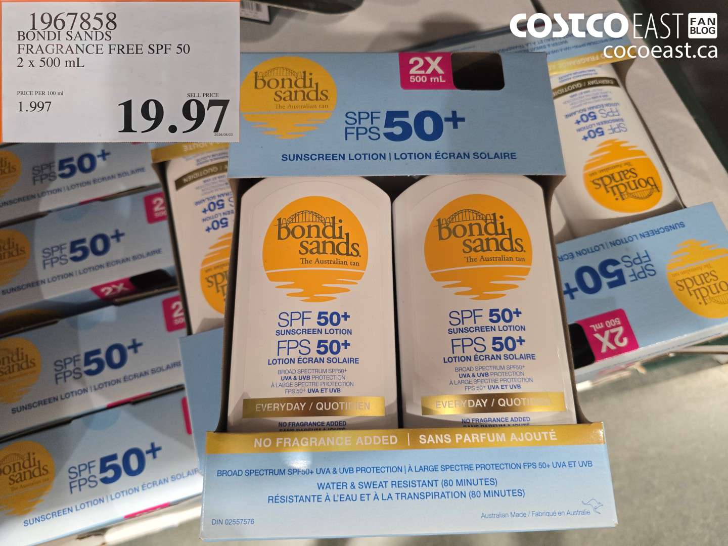1967858 BONDI SANDS FRAGRANCE FREE SPF 50 2 X 500 ML $19.97