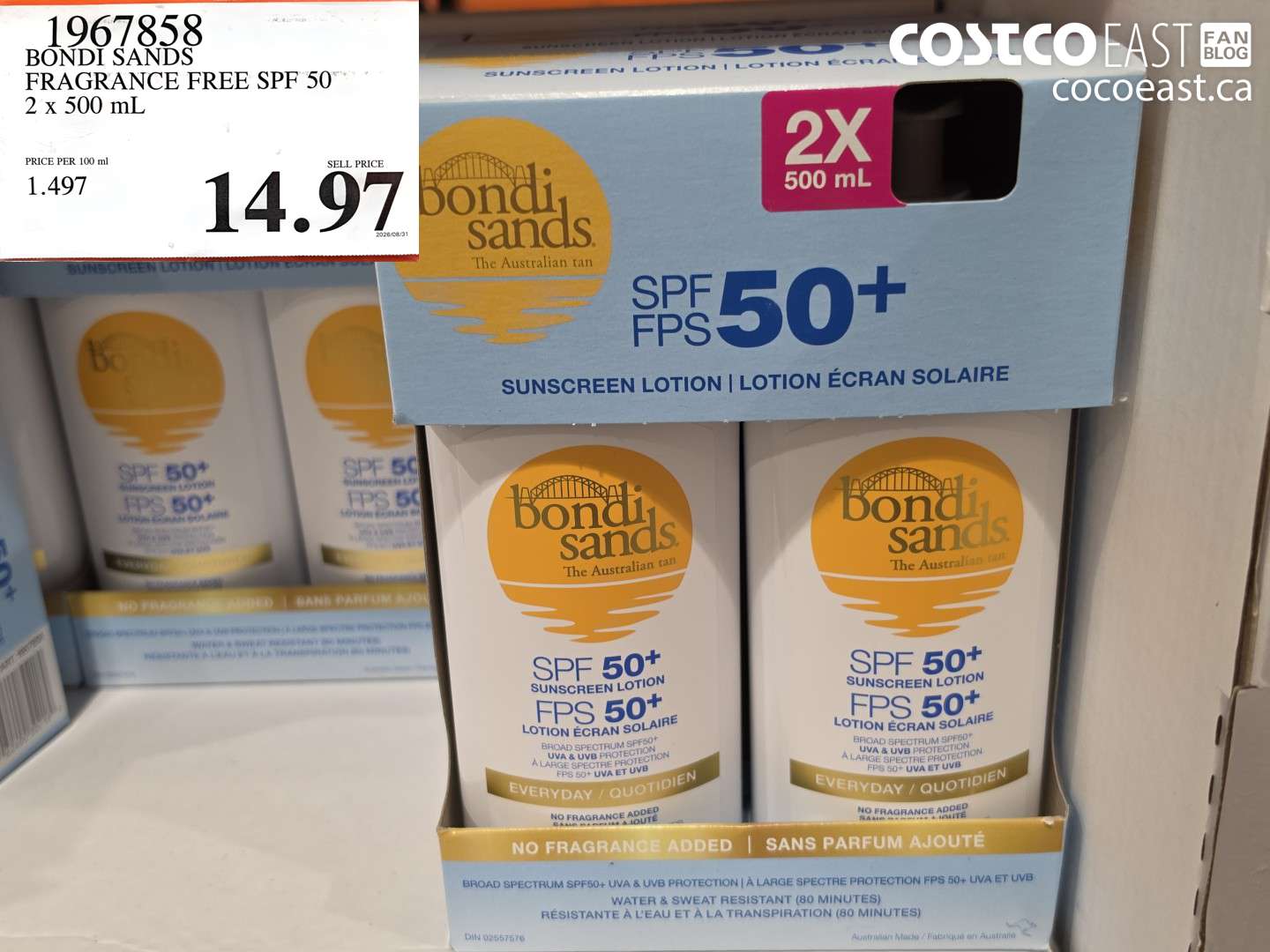 1967858 BONDI SANDS FRAGRANCE FREE SPF 50 2 X 500 ML $14.97