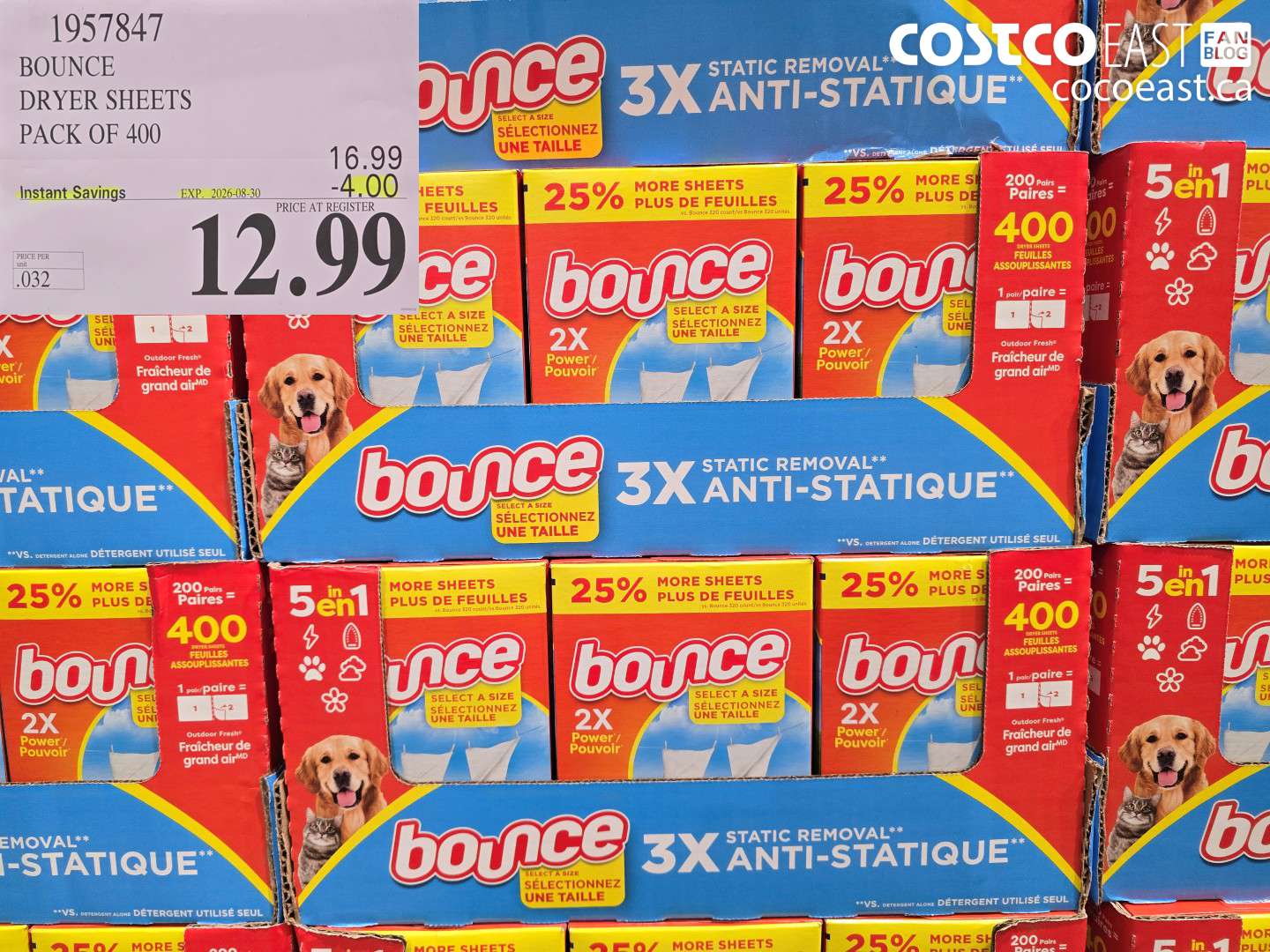 1957847 BOUNCE DRYER SHEETS PACK OF 400 ($4.00 INSTANT SAVINGS EXPIRES ON 2026-08-30) $12.99