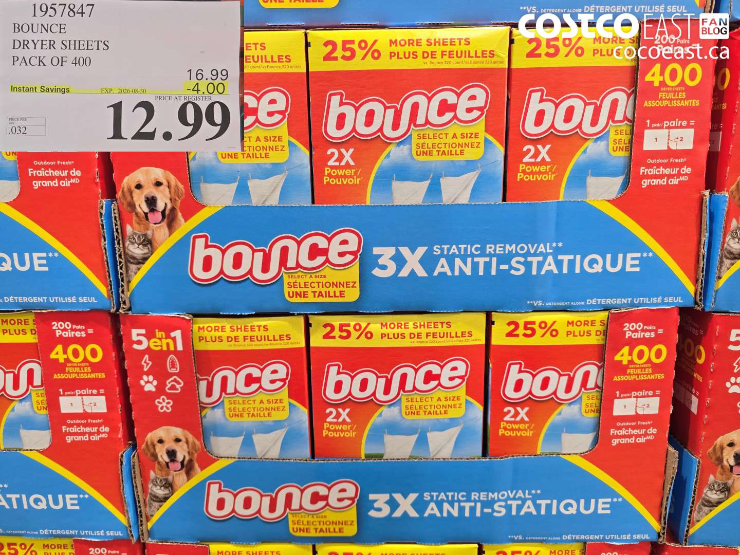1957847 BOUNCE DRYER SHEETS PACK OF 400 ($4.00 INSTANT SAVINGS EXPIRES ON 2026-08-30) $12.99