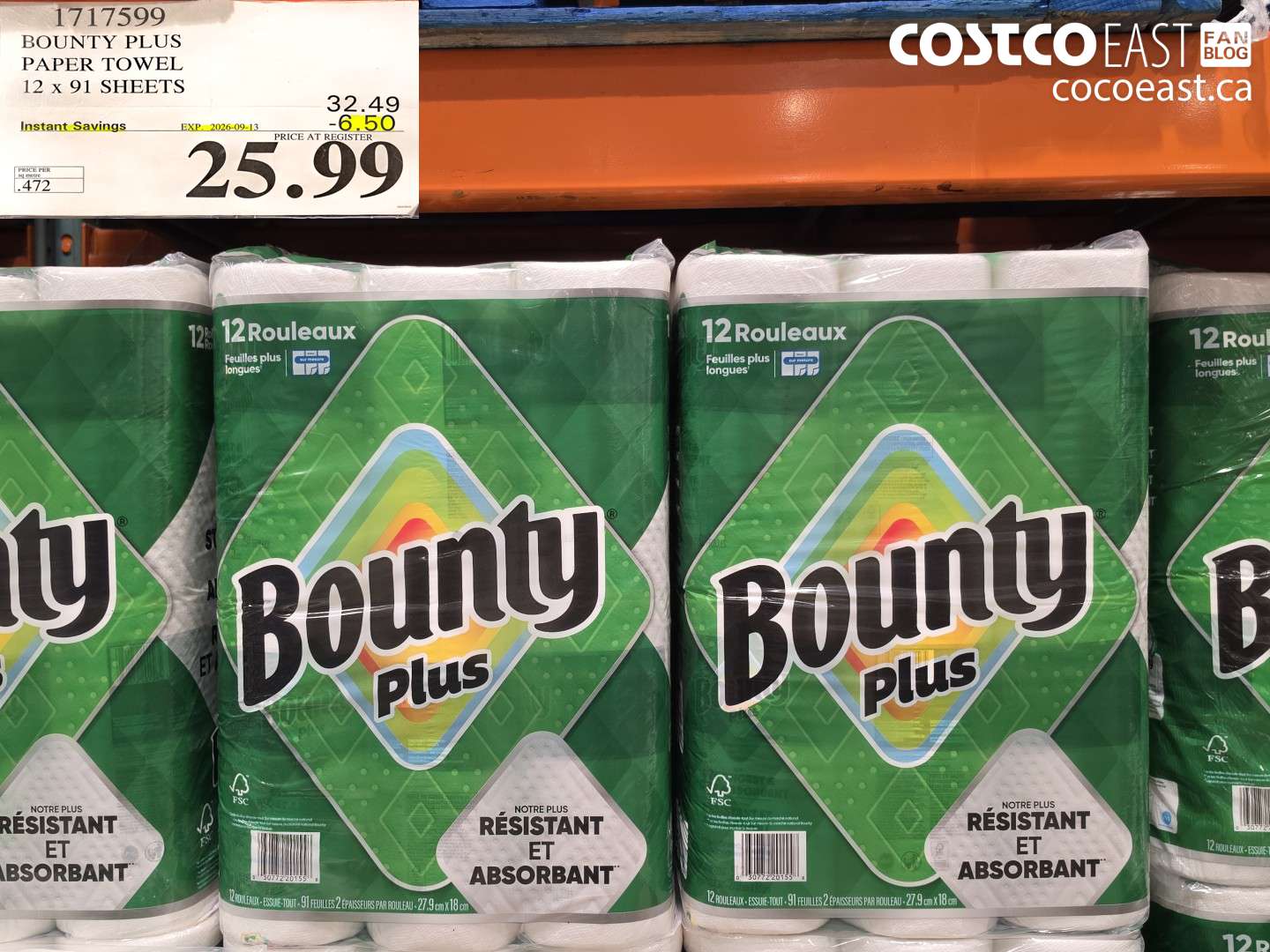 1717599 BOUNTY PLUS PAPER TOWEL 12 X 91 SHEETS ($6.50 INSTANT SAVINGS EXPIRES ON 2026-09-13) $25.99